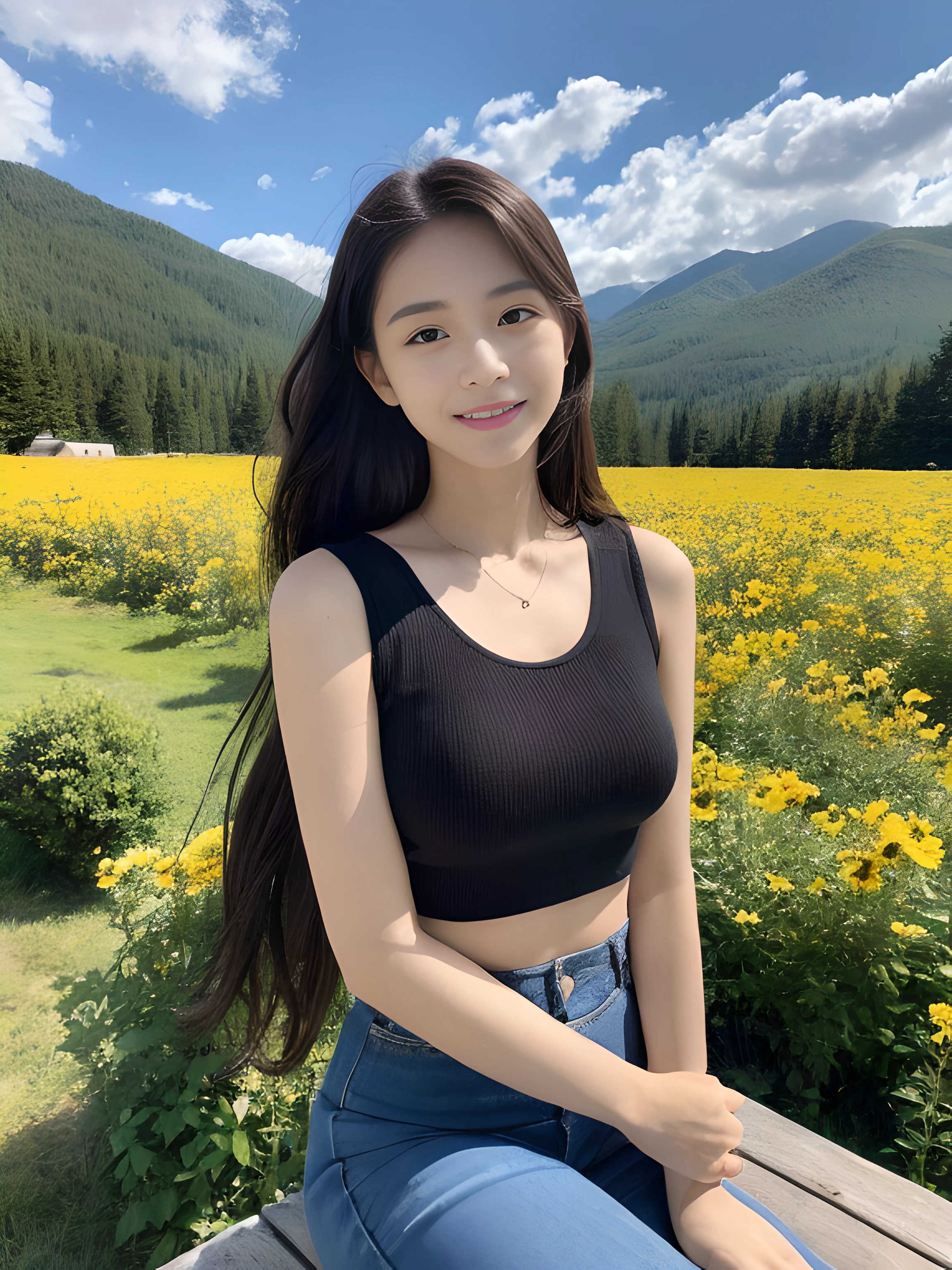 ((best qualtiy, 8K, tmasterpiece:1.3)),Focus:1.2, female high-school student,wooden cabin,(A look of determination)(adolable),delicated face,Long hair waist-length,long hair flowing,Tilt your head,ssmile,Hair details,Delicate Full Body Portrayal,Delicate depiction of the face,Best picture quality,A high resolution,细致背景,Delicate portrayal,exquisitedetails,Rich in detail,Facial strengthening,(Black crop top,short skirt),with blue sky and white clouds,wooden cabin,Sitting Among the Flowers,There are no bags under the eyes