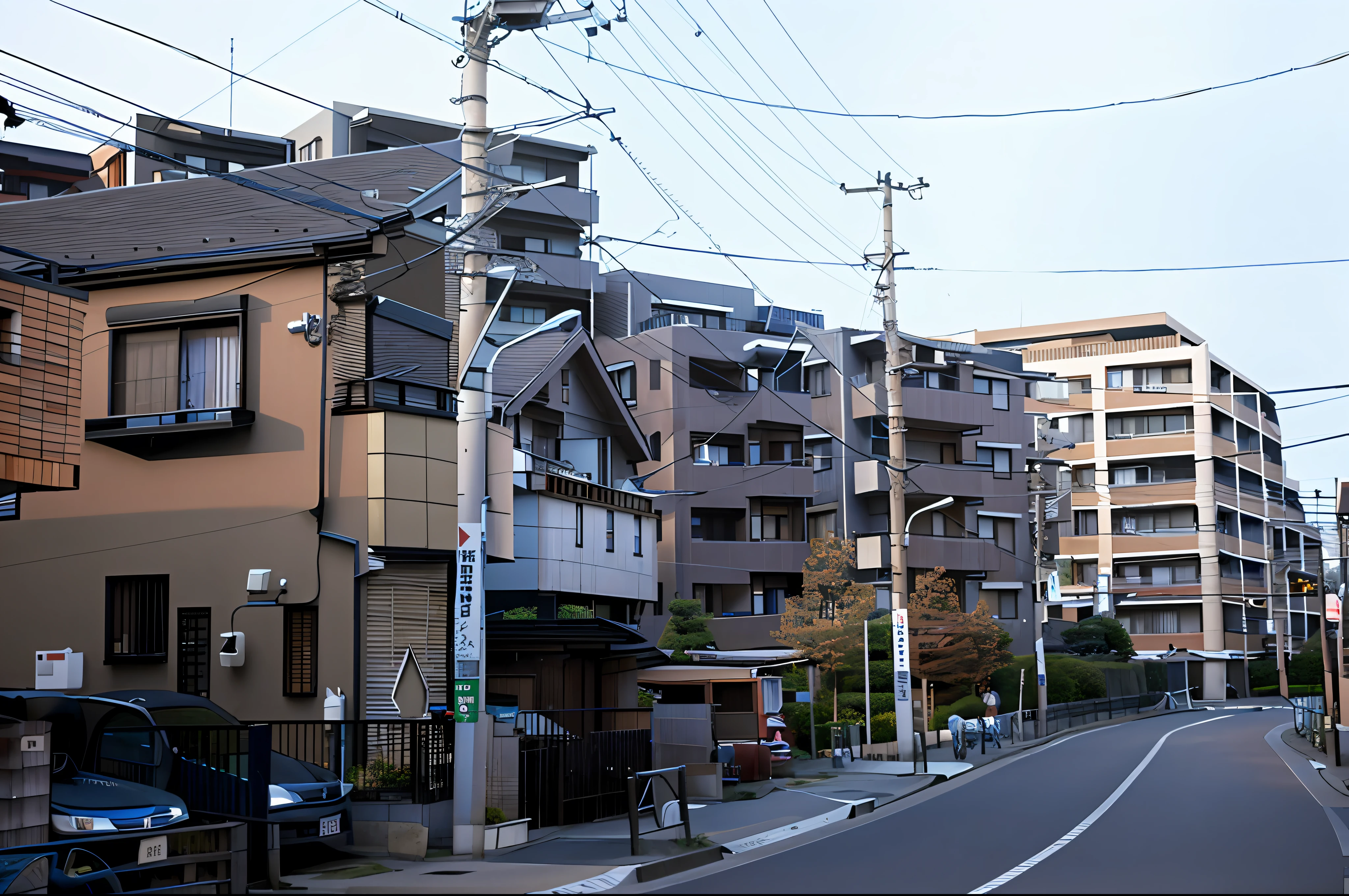 There is a street with cars parked on the side, Residential area, japanese neighborhood, Tokyo - esque town, japanese street, the neat and dense buildings, in a japanese apartment, in Tokyo under, japanese downtown, japanese town, stacked houses, some houses in the background, european japanese buildings, japanese city, photograph of the city street, yoshiku