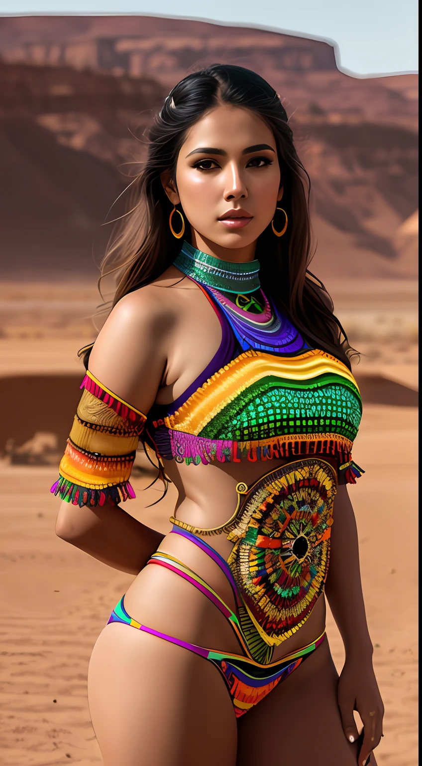 create Mariana Davalos in Full body photography of the most beautiful artwork in the world, a beautiful woman in intricate costume burning in the desert, rainbow colors, ArtStation, CGSociety, complex, high detail, clear focus, dramatic, realistic pictorial art trends Greg Rutkovsky
