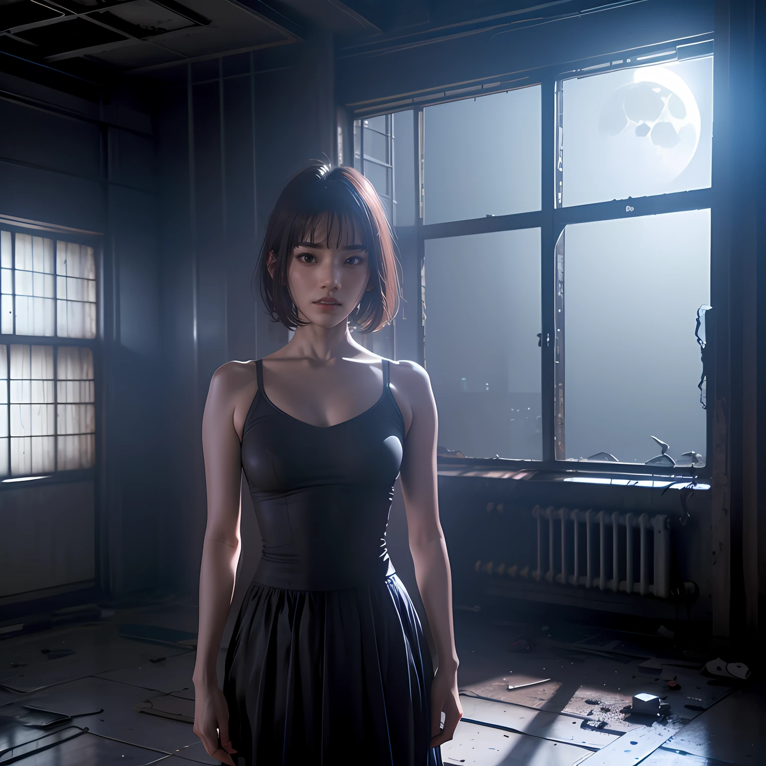 (Best Quality, 巨作), (Inside the abandoned university), K Horror Art, The room has large windows, High contrast cinematic lighting, The unbridled dead silence, dramatic atmosphere, Night with the full moon, Beautiful Japanese girls