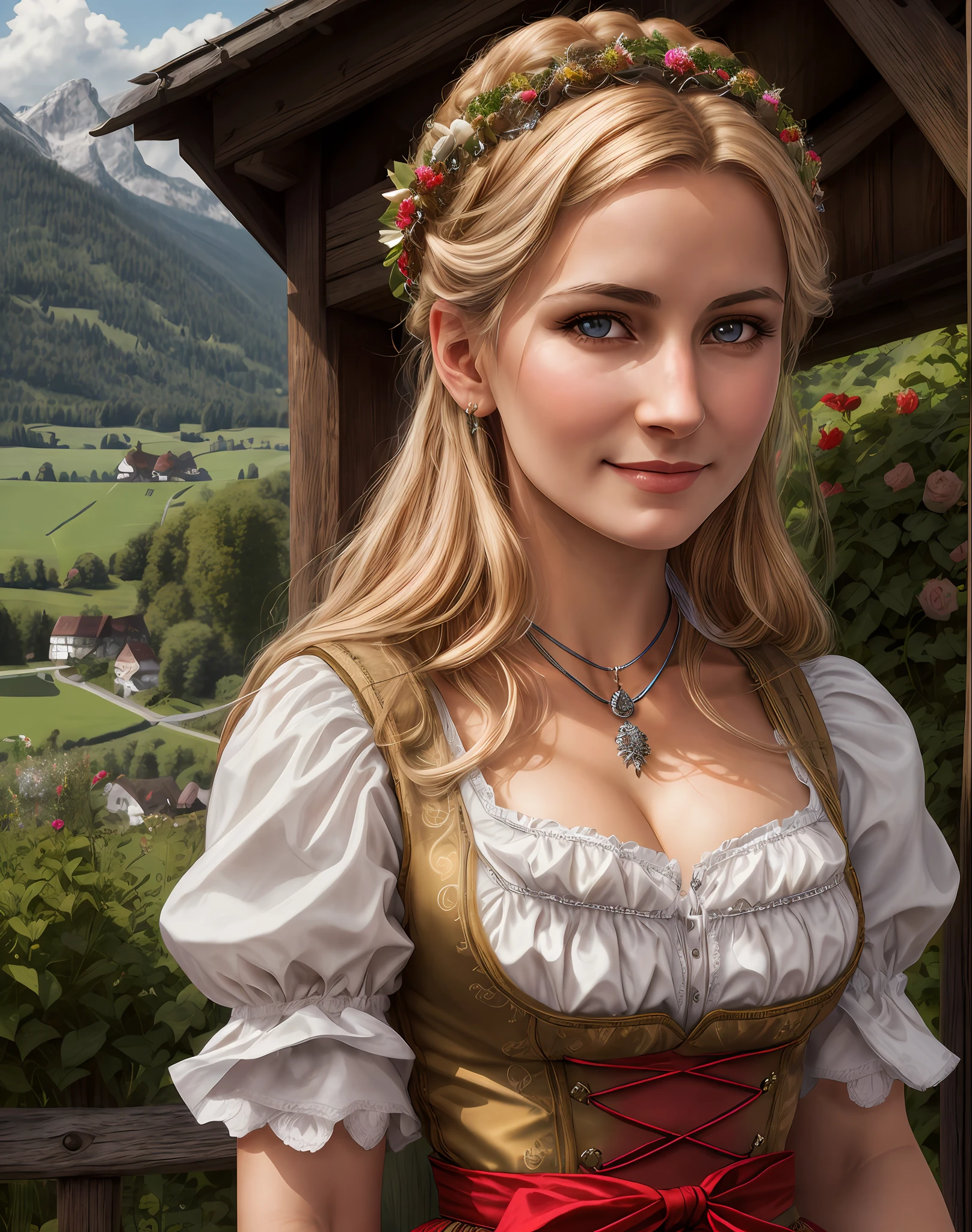 Masterpiece, absurdres, fine detail, HDR, highly detailed face and eyes, photorealistic, drindl, a woman in traditional bavarian dress poses with her hands behind her back ,german woman, wearing drindl,Close up,