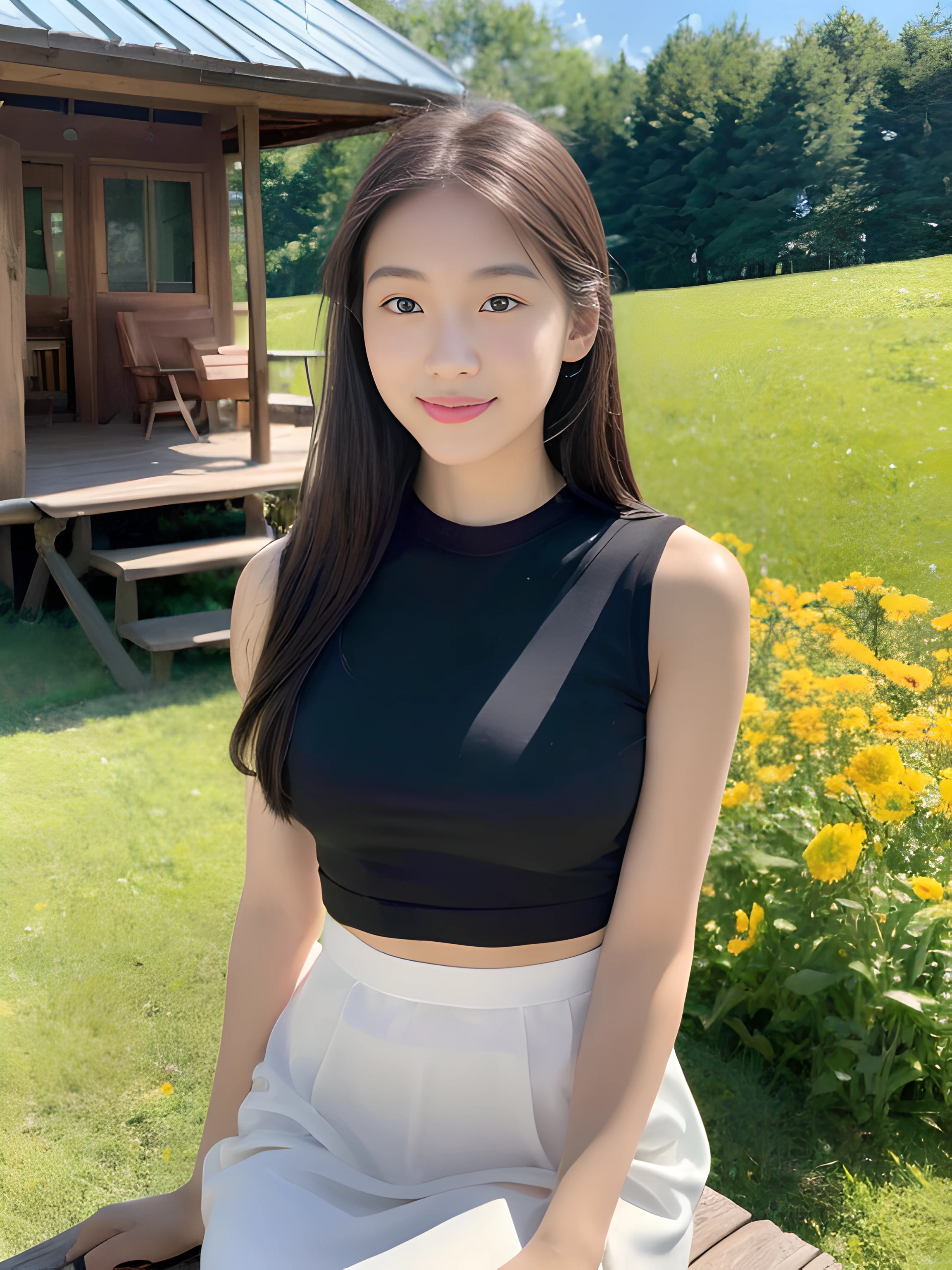 ((best qualtiy, 8K, tmasterpiece:1.3)),Focus:1.2, female high-school student，wooden cabin，（A look of determination）（adolable），delicated face，Long hair waist-length，long hair flowing，Tilt your head，ssmile，Hair details，Delicate Full Body Portrayal，Delicate depiction of the face，Best picture quality，A high resolution，细致背景，Delicate portrayal，exquisitedetails，Rich in detail，Facial strengthening，(Black crop top，short  skirt)，with blue sky and white clouds，wooden cabin，Sitting Among the Flowers，There are no bags under the eyes