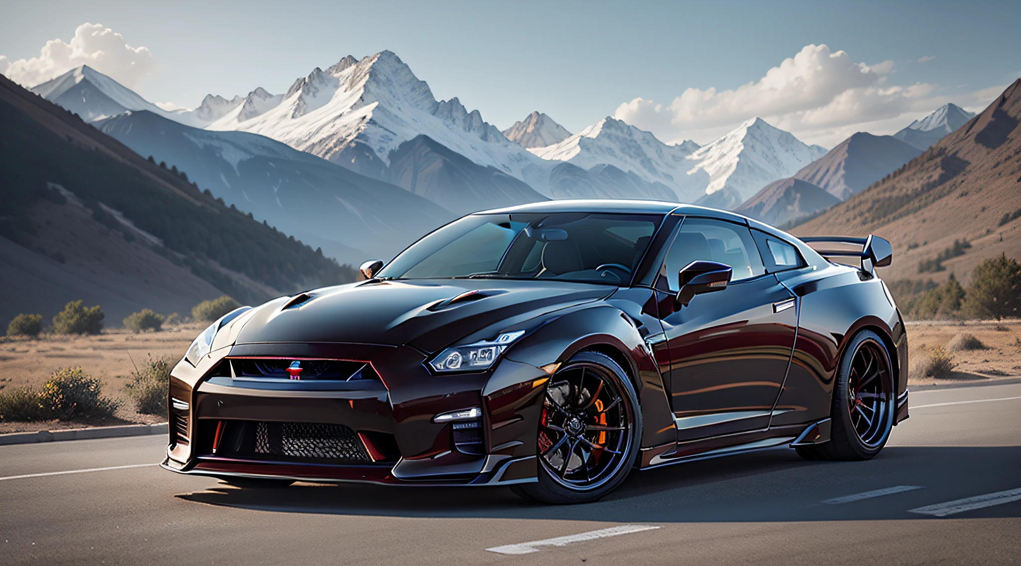 "Beautiful mountain landscape with a stunning Nissan GTR customized with a shiny body kit, intricately detailed and lifelike."