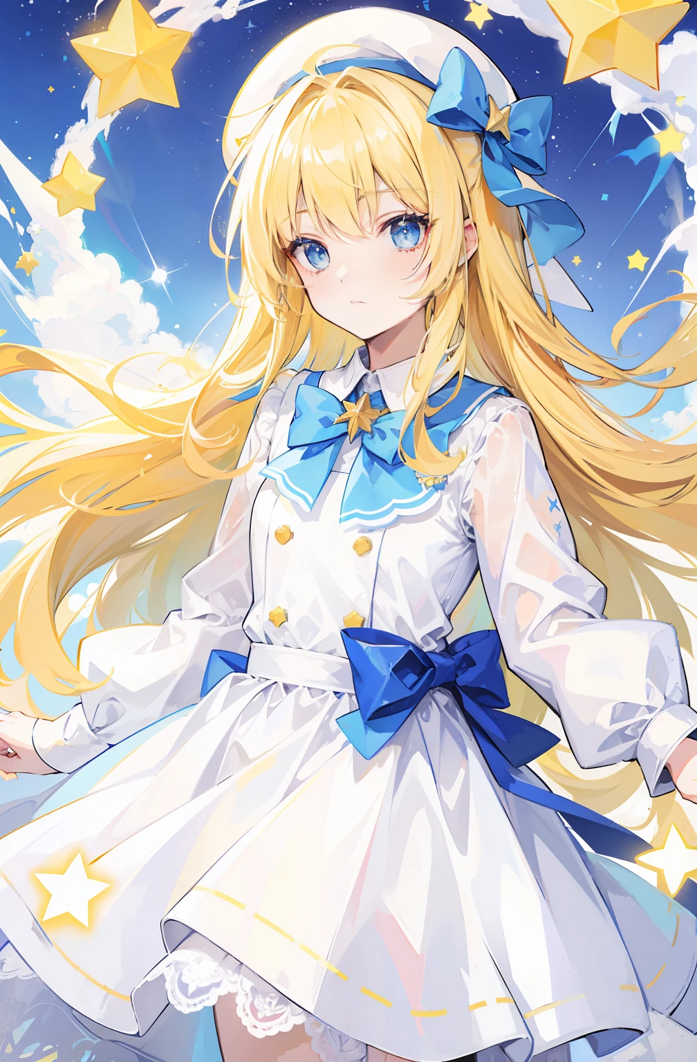 Yellow-haired,white dresses,eBlue eyes,star accessories,Blue bow tie,white beret(It has a blue bow on it),starryskybackground,meteors,4K