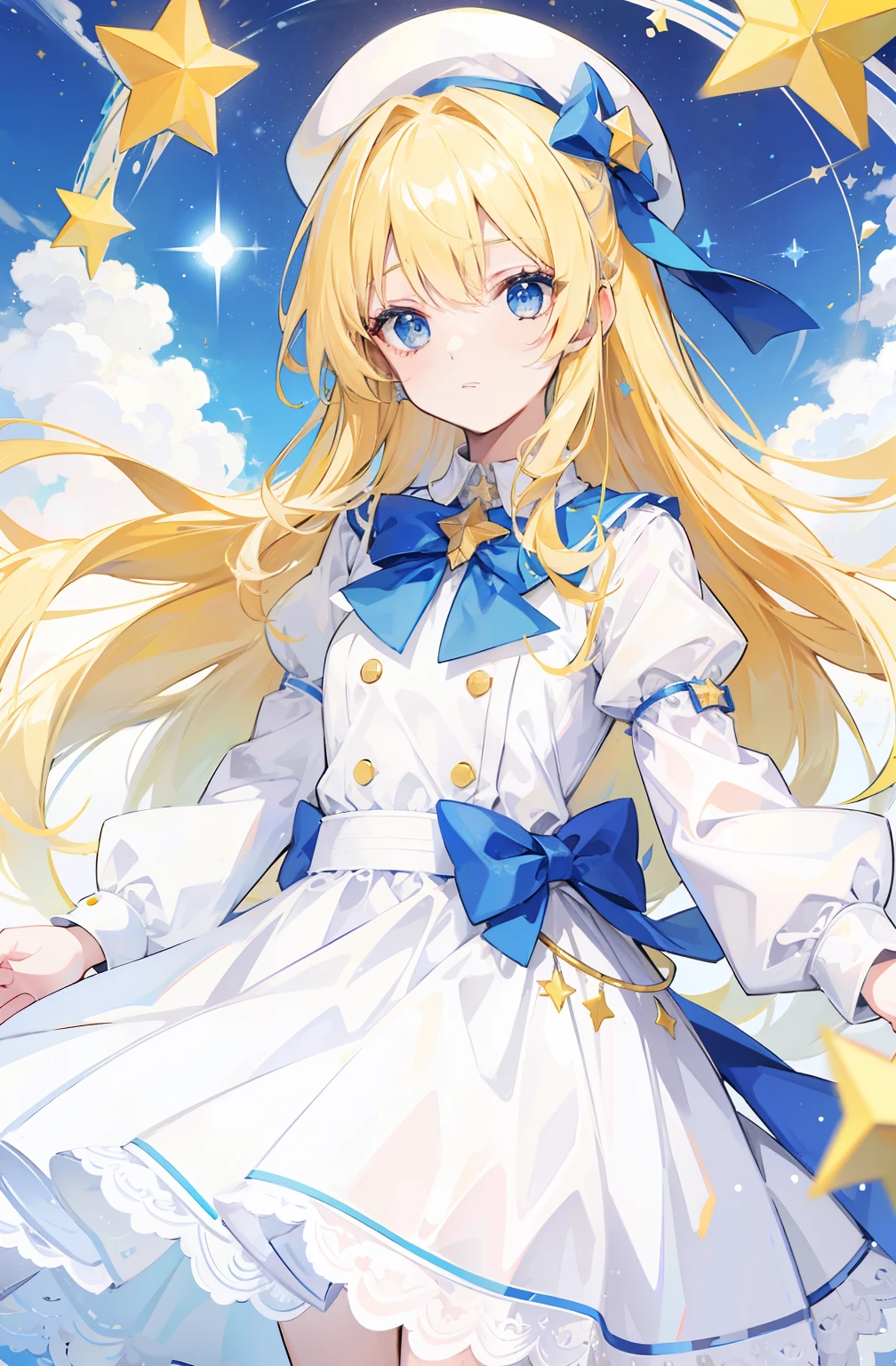 Yellow-haired,white dresses,eBlue eyes,star accessories,Blue bow tie,white beret(It has a blue bow on it),starryskybackground,meteors,4K