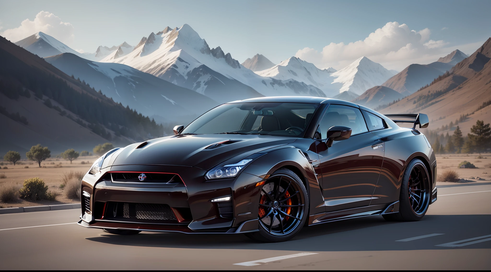 "Beautiful mountain landscape with a stunning Nissan GTR customized with a shiny body kit, intricately detailed and lifelike."