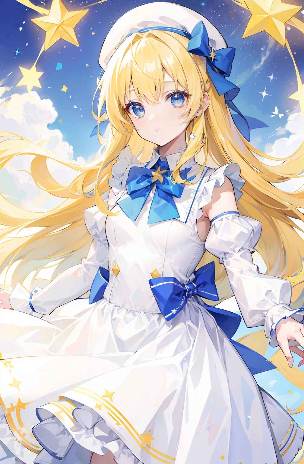 Yellow-haired,white dresses,eBlue eyes,star accessories,Blue bow tie,white beret(It has a blue bow on it),starryskybackground,meteors,4K
