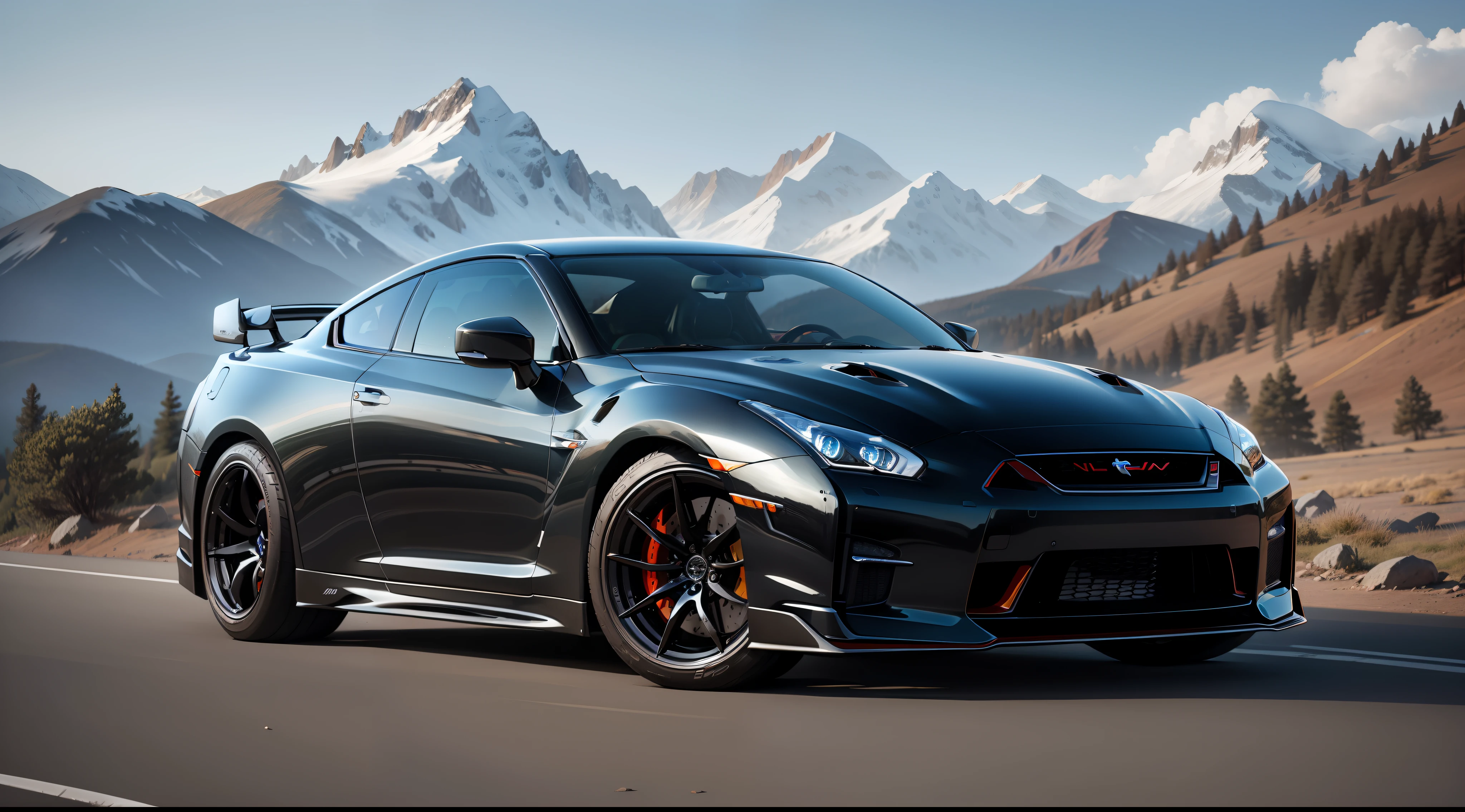 "Beautiful mountain landscape with a stunning Nissan GTR customized with a shiny body kit, intricately detailed and lifelike."