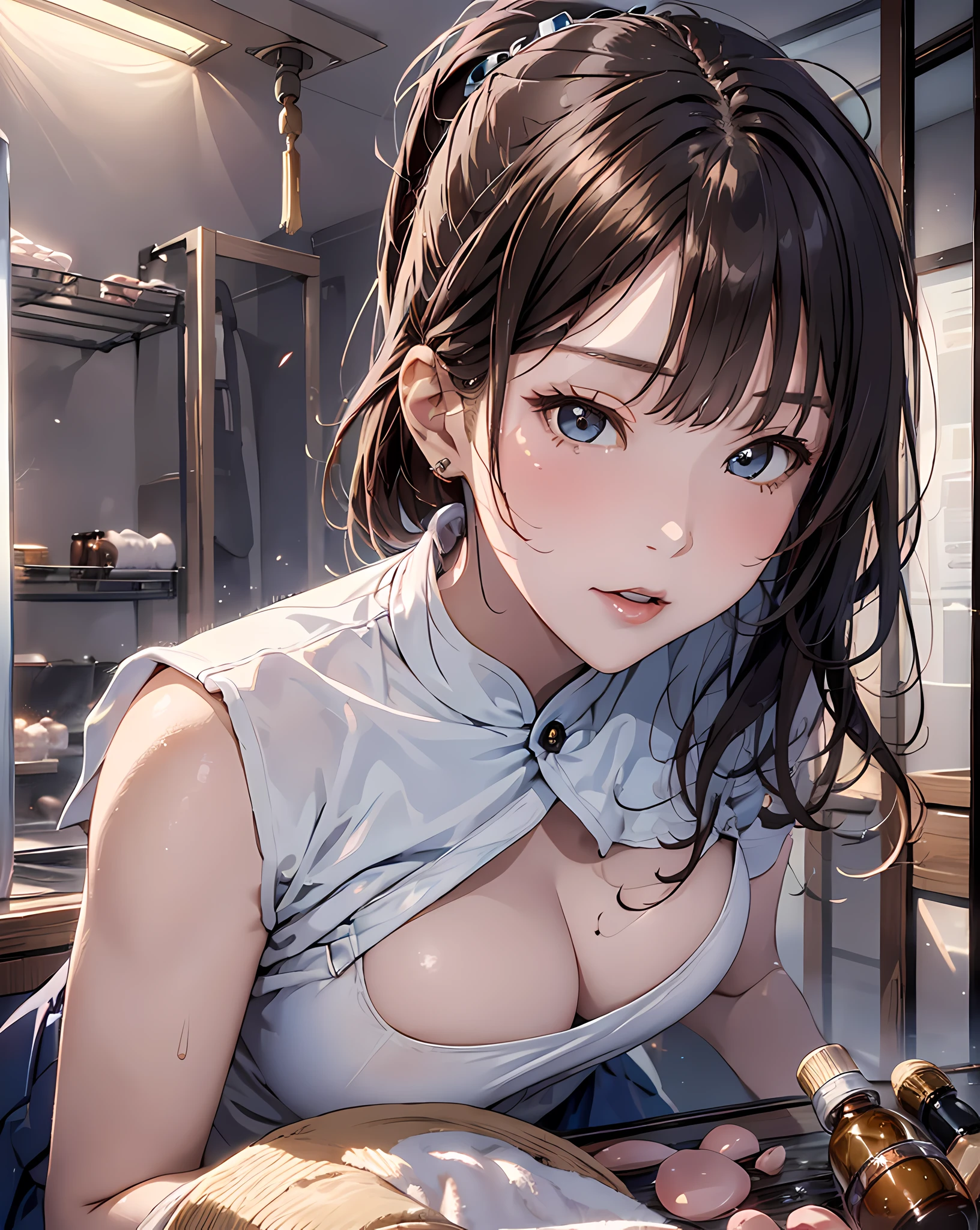 (masterpiece, best quality:1.37), highres, ultra-detailed, ultra-sharp, BREAK, (From Below:1.2), 1girl, (((girl on top,:1.3))) (leaning forward:1.3), BREAK (((1girl:1.37, solo))), (beautiful anime face, cute face, detailed face), (brown hair, thin hair, short hair, wavy pony-tail, bangs, hime-cut), detailed beautiful cyan eyes, BREAK short sleeve, (red satin Chinese dress), (Chinese esthetician uniforms:1.3), (cleavage cutout), (oil skin), (shiny skin), BREAK (Private esthetic room, in beauty salon, on bed:1.1), (Many bottles of aroma oil:1.0), (many brown towels:1.2), BREAK dark room, indirect lighting, (night:1.3),