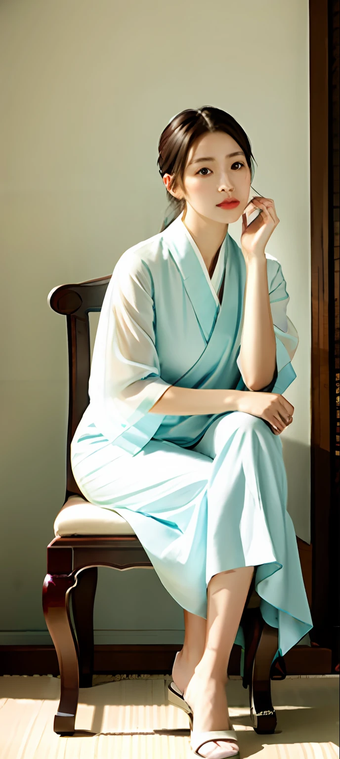 Cinematic and realistic，The skin is clear and delicate，HD clear，Clear facial features，A woman sits in a chair，Painting of hands on chin, Sit Pose, thinking pose, thoughtful pose, Casual pose, Seated, Simple drawing, thick line drawing,Chinese clothes，photorealestic， woman is sitting, portrait 4 / 3, inspired by Aristide Maillol, sit on chair, sit on chair, full body drawing, Prompt: fragile looking figure，Yang