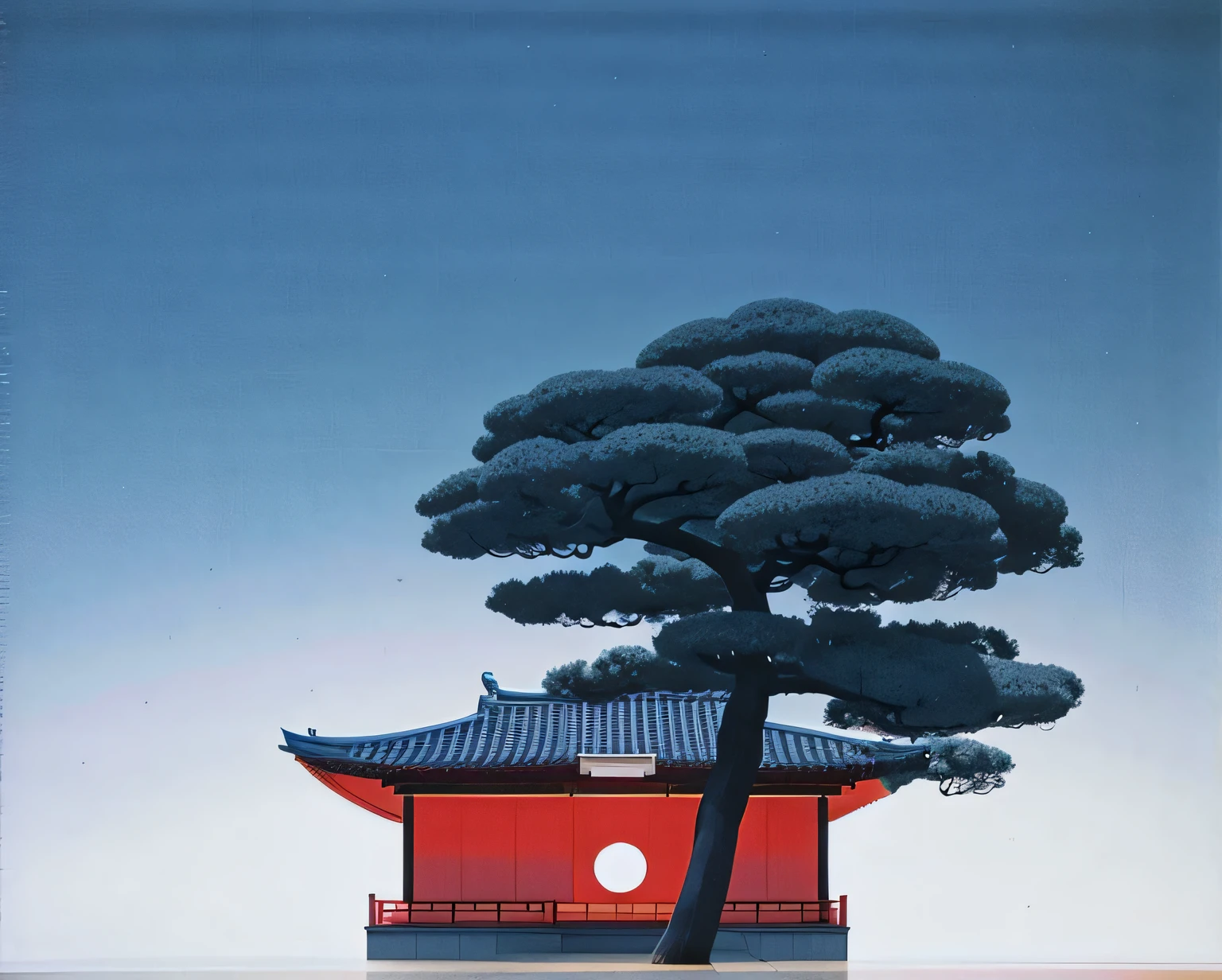 There is a tree standing in front of the building, author:Hiroshi Nagai, inspired by Koson Ohara, inspired by Hiroshi Nagai, inspired by Ohara Koson, Japanese art style, inspired by Kanō Naizen, simon stålenhag. Masterpiece, author:Ikuo Hirayama, japanese inspired, Japanese architecture,HD quality,The scale is 4:3