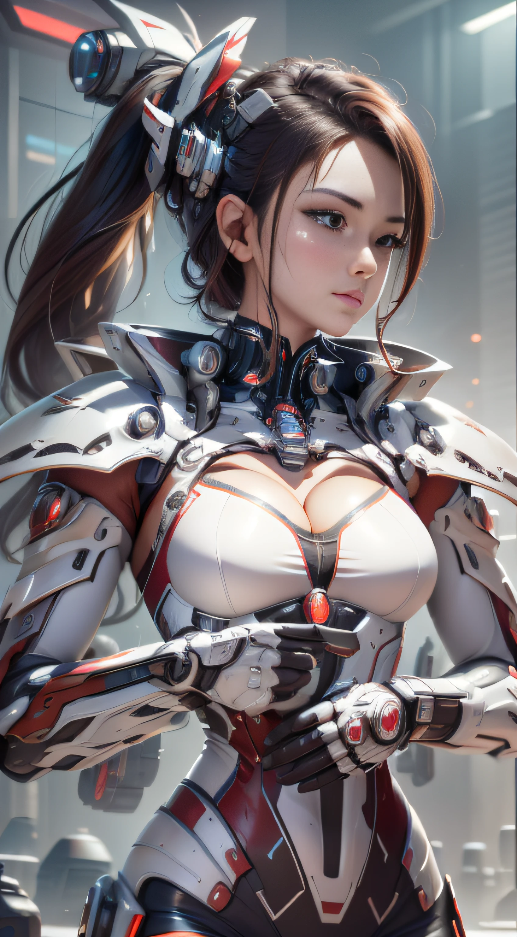 Highest image quality，Outstanding details，超高分辨率，（Fidelity：1.4）, Favor the details，closeup cleavage，dawn，Snow，winter，Dragon Knight, Silver thatch gun，He has a delicate and beautiful face，（（Red and white flying semi-mechanical fuselage：1.8）），Raised sexy，frontage，cyber punk perssonage，Futuristic，mechanically aesthetic，Virtual Engine 5，Perfect detail rendering，rendering by octane，hyper HD