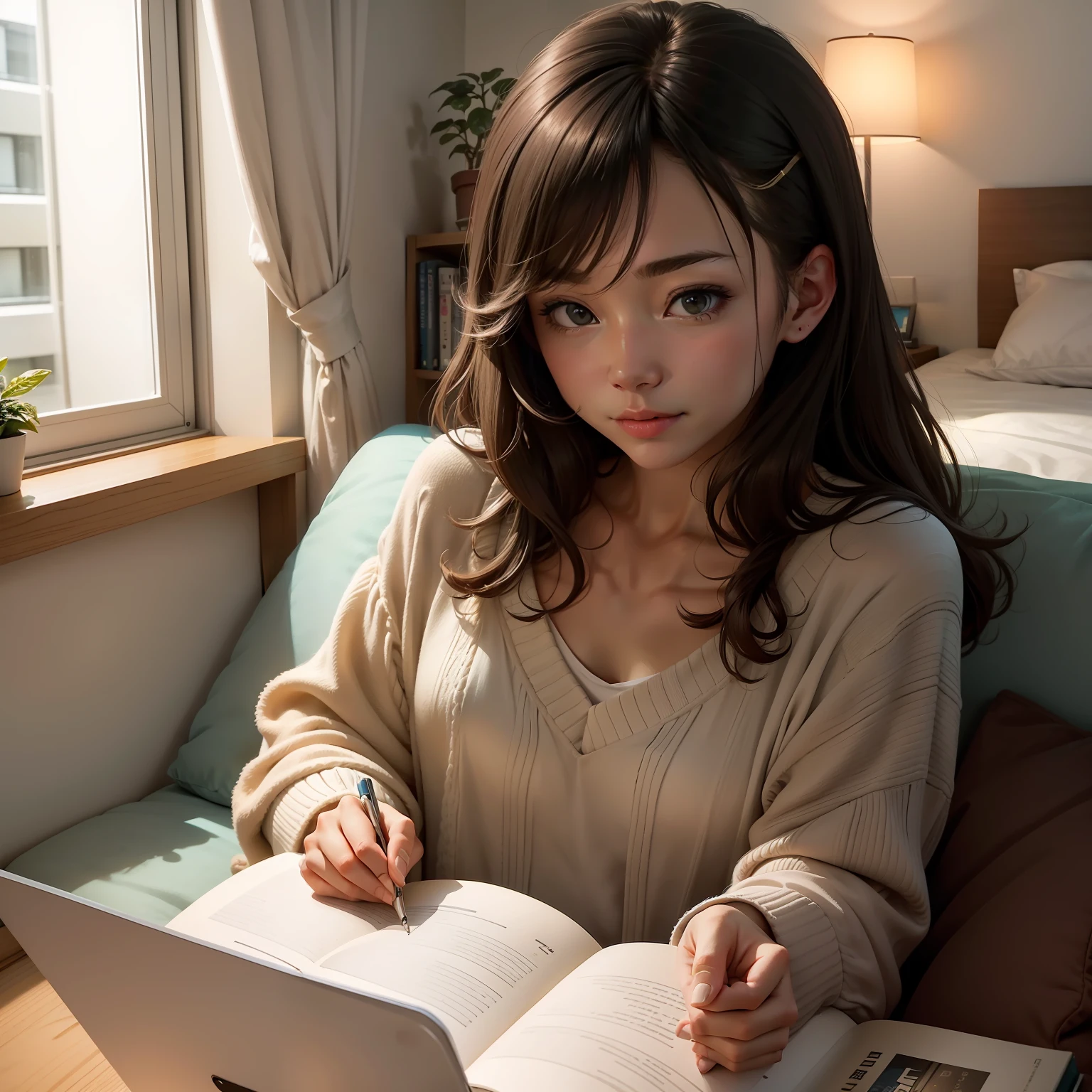 There was a woman lying on the sofa,pretty face,There is a laptop on it, studyng in bedroom, small room in tokyo, reading new book, in a japanese apartment, Reading a book, in small room, Small room, cozy and peaceful atmosphere, inside a cozy apartment, designed for cozy aesthetics!, studying in a brightly lit room, sitting in bedroom