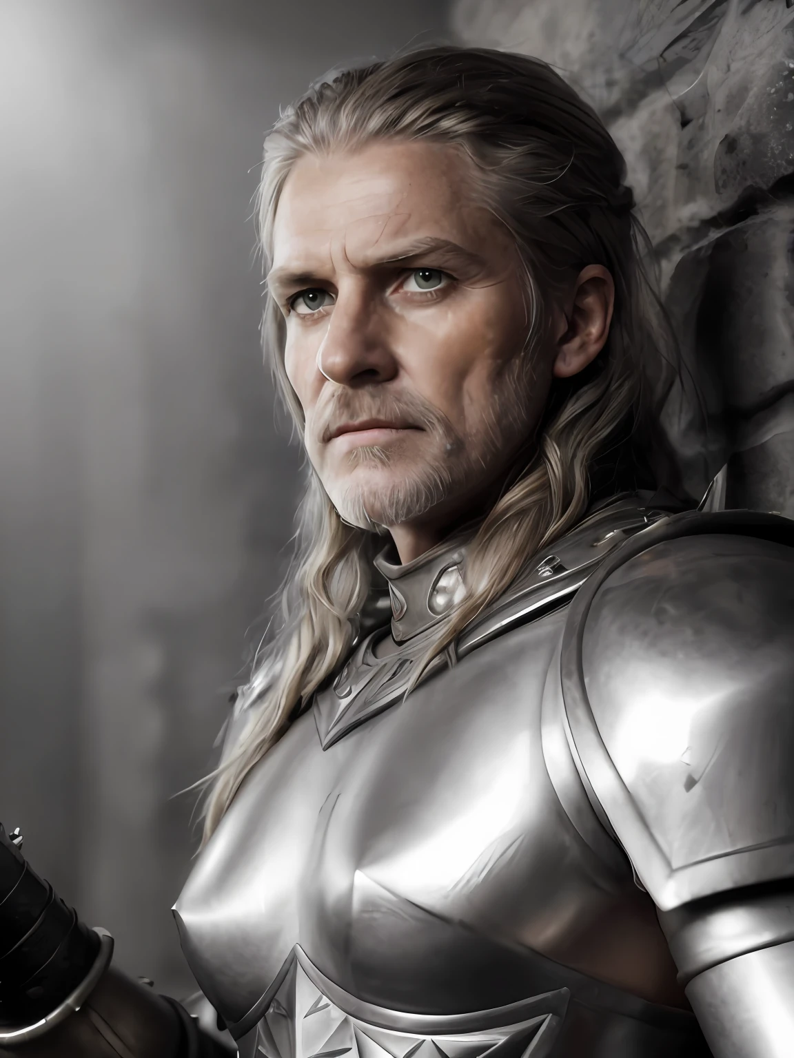 (Highest quality:1.3), cinematic shot, masterpiece, (sharp focus:1.5), (photorealistic:1.3),  medium portrait of (a weary-looking but still proud and fierce-looking old Viking warrior, now the leader of his village, dressed in elaborately detailed chain mail and leather armour, a few torches burn on the walls, giving the scene a dark atmosphere but sculpting the forms in sharp chiaroscuro), it is night time, (highly detailed skin),  (detailed face), detailed background, dark lighting, twilight lighting, volumetric lighting,  intricate details, UHD,