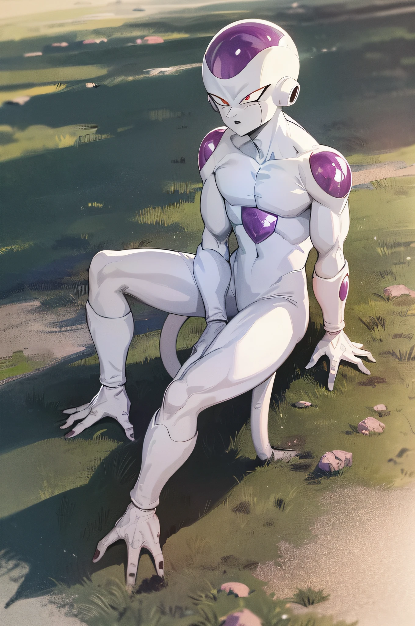 masterpiece, best quality, 1boy, frieza, , full body, looking at viewer, male focus, red eyes, solo, tail, sfw, wearing a white dress with small straps, and falls right above his knees, sitting down on grass, blue sky, sunny, beautiful