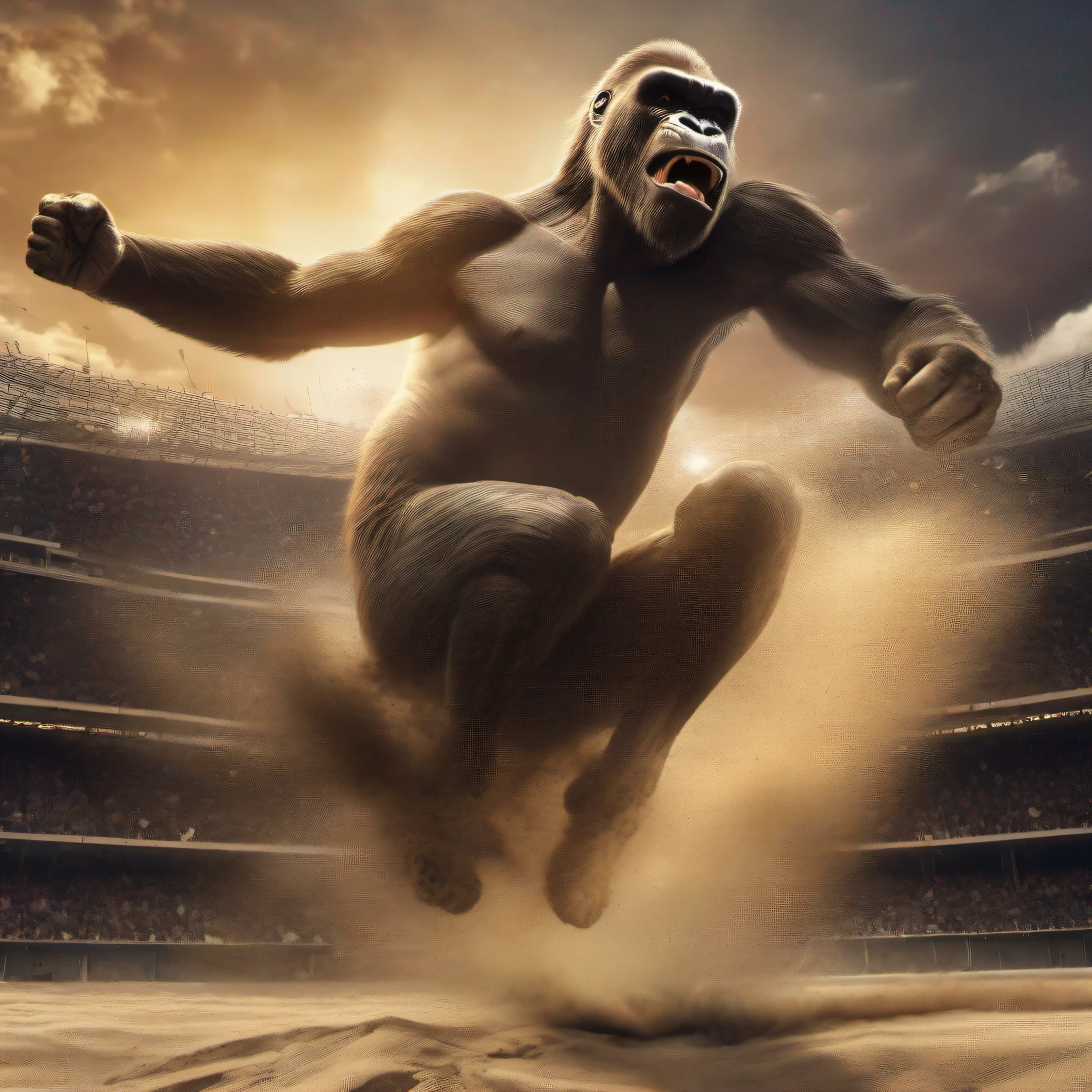 Sports venues,Long jump competition,bunker,Cheers and cheers,(King Kong in a bunker sliding shovel:1.3),(Sand splashed at me),(closeup cleavage:1.3),frontage,Macro lens,depth of fields,Enhanced depth of field,motionblur,Dynamic lines,best qualtiy,Works of masters,Hyper-realistic,Super meticulous,Accurate