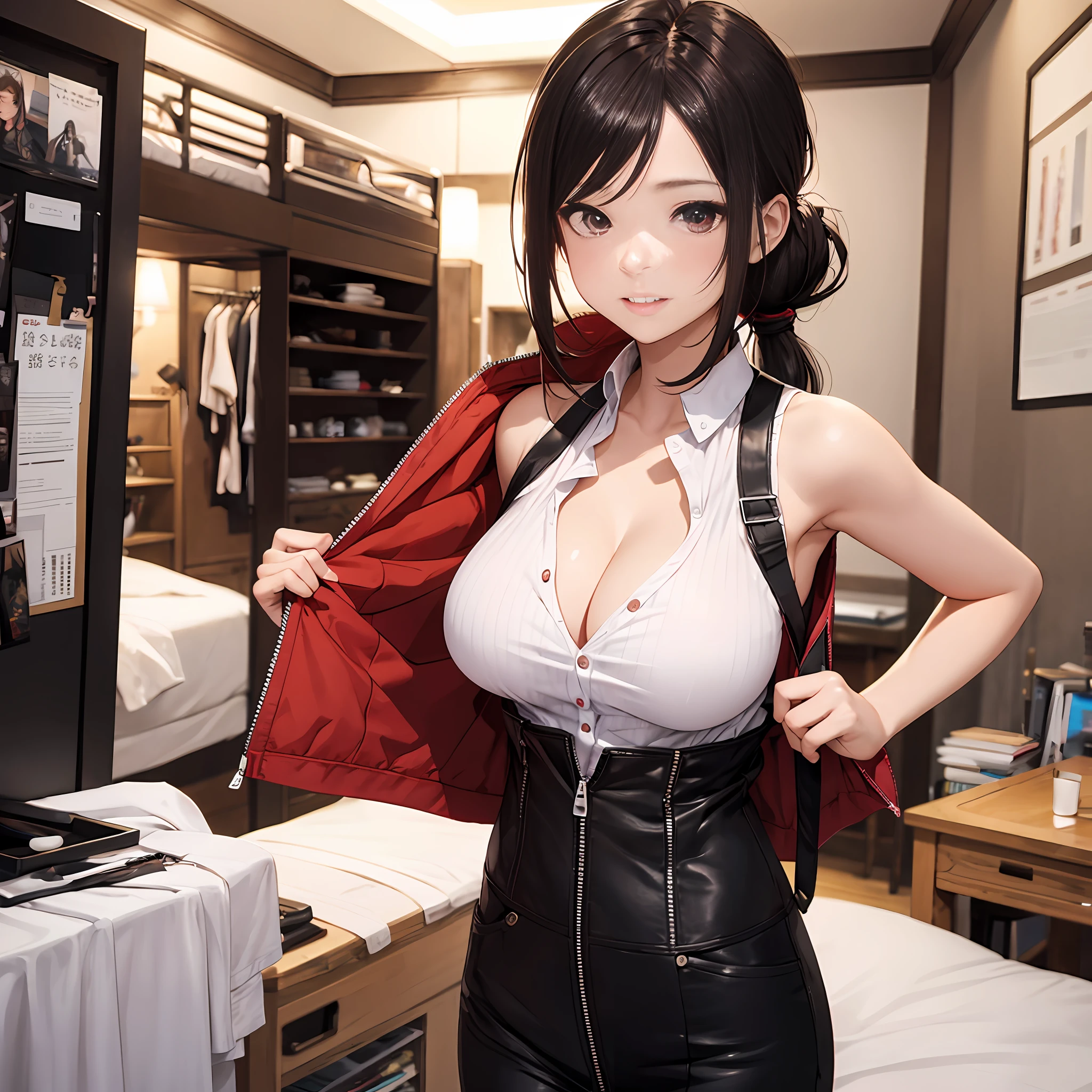 (tmasterpiece:1.3), 1 rapariga, 独奏, best qualityer, high high quality, Cary, brunette color hair, long whitr hair, Long ponytail, (huge_breasts:1.5), 校服, red eyes, walk, arms behind the back, ssmile,Open-cut top,tmasterpiece, High- sharpness, high high quality, 详细的脸, detailed body render, 1girl, 独奏, hyuga hyuga, Hinata sleeveless clothing,big cleavage breasts,, sleeveless shirts, Fishing net clothing, Dark lips, Unzipped jacket, no brassiere, breasts out,, standing on your feet, Be red in the face, (on bedroom) --auto