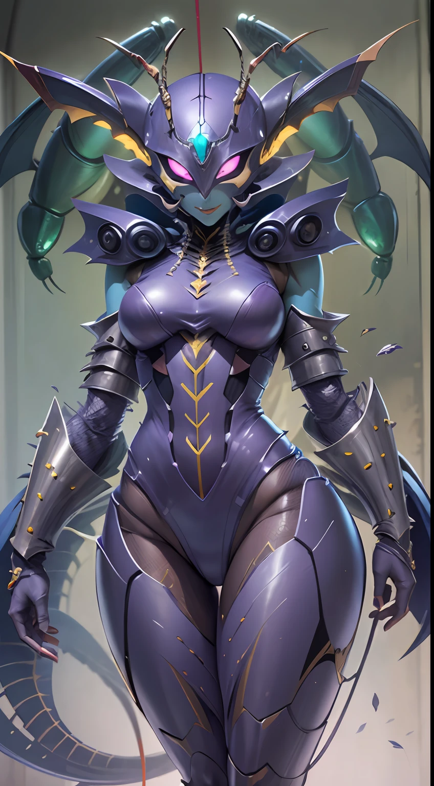Cartoon photo of a woman in a purple costume、Hot insect humanoid female、a person々takeout、Guyver Style、SFW version、Scarabeleploid、tail、Full Face Masked Cel Shade Adult Animation、Alien Queen、evil smile