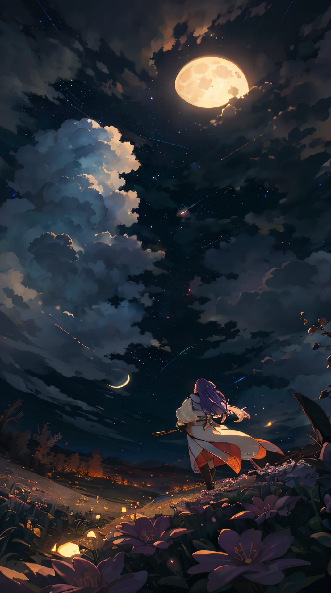 A wide landscape photo, (viewed from below, the sky is above, and the open field is below), a girl standing on a flower field looking up, (full moon: 1.2), (meteor: 0.9), (nebula: 1.3), distant mountains , Trees BREAK Crafting Art, (Warm Light: 1.2), (Firefly: 1.2), Lights, Lots of Purple and Orange, Intricate Details, Volumetric Lighting BREAK (Masterpiece: 1.2), (Best Quality), 4k, Ultra Detailed, (Dynamic Composition: 1.4), Rich in Detail and Color, (Rainbow Color: 1.2), (Glow, Atmospheric Lighting), Dreamy, Magical, (Solo: 1.2)