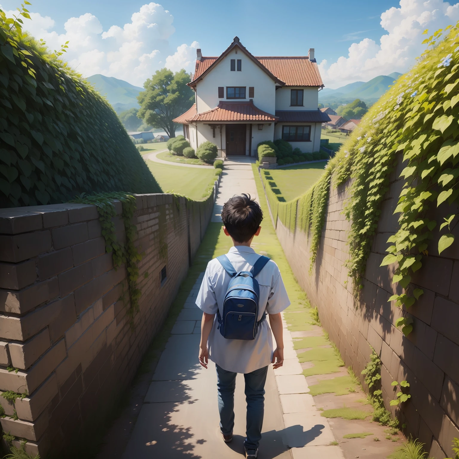 ​masterpiece、top-quality、hightquality、 wall-paper、landscapes、outside of house、Skysky、​​clouds、tag、blue-sky、、depth of fields、HDR、Bloom、chromatic abberation、Photorealsitic、ighly detailed、High Details、Dramatic、Boy trying to cross the wall、Aiming for something、Looking up