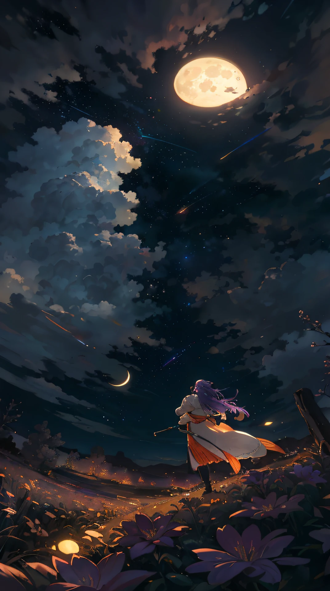 A wide landscape photo, (viewed from below, the sky is above, and the open field is below), a girl standing on a flower field looking up, (full moon: 1.2), (meteor: 0.9), (nebula: 1.3), distant mountains , Trees BREAK Crafting Art, (Warm Light: 1.2), (Firefly: 1.2), Lights, Lots of Purple and Orange, Intricate Details, Volumetric Lighting BREAK (Masterpiece: 1.2), (Best Quality), 4k, Ultra Detailed, (Dynamic Composition: 1.4), Rich in Detail and Color, (Rainbow Color: 1.2), (Glow, Atmospheric Lighting), Dreamy, Magical, (Solo: 1.2)
