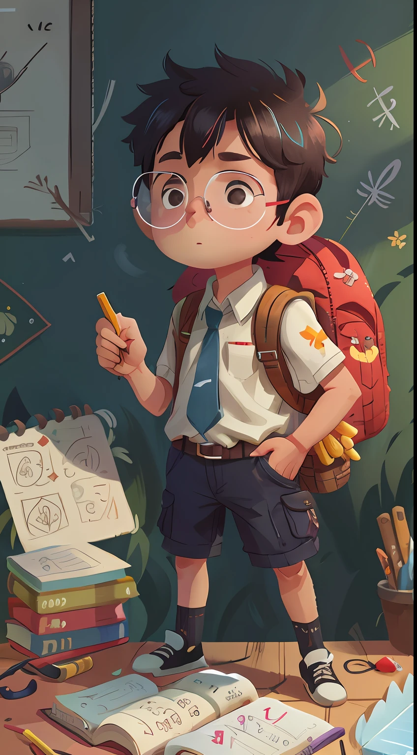 ((best qualtiy)), ((tmasterpiece)), (A detailed: 1.4), 3D, Create a 6-year-old boy,Notebook writing, Children's book illustration style, ، simple, adolable, black in color, short detailed hair, Smooth skin,With black-framed glasses, white short sleeve shirt, Shorts without a belt, No hats, without book, No glasses, without a backpack, hdr(HighDynamicRange), Ray traching,NVIDIA RTX,Hyper-Resolution,Unreal 5,Subsurface dispersion,PBR textures,Post-processing,Anisotropy Filtering,depth of fields,Maximum clarity and sharpness,Many-Layer Textures,Albedo e mapas Speculares,Surface coloring,Accurate simulation of photo-material interactions,perfectly proportions,rendering by octane,twotonelighting,Wide aperture,Low ISO,White balance,trichotomy,8K raw data