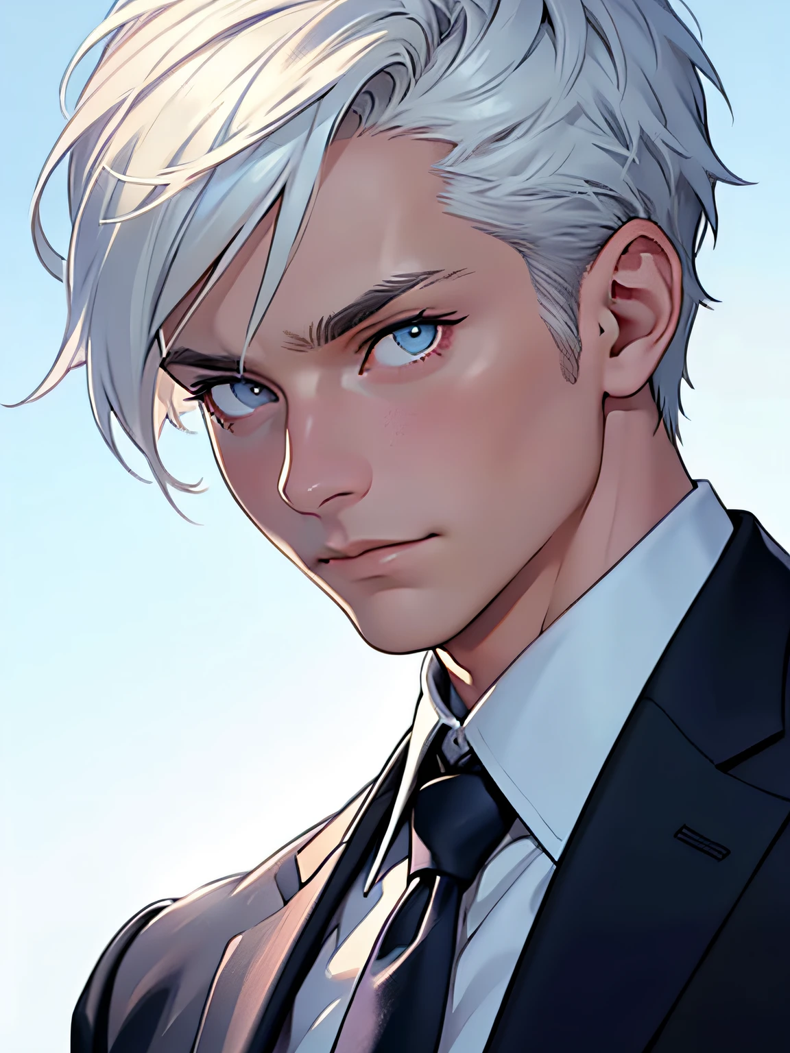 of a guy,short detailed hair,Business suit,The eyes are cold,A poem to hold the cheeks,Close-up,white backgrounid,