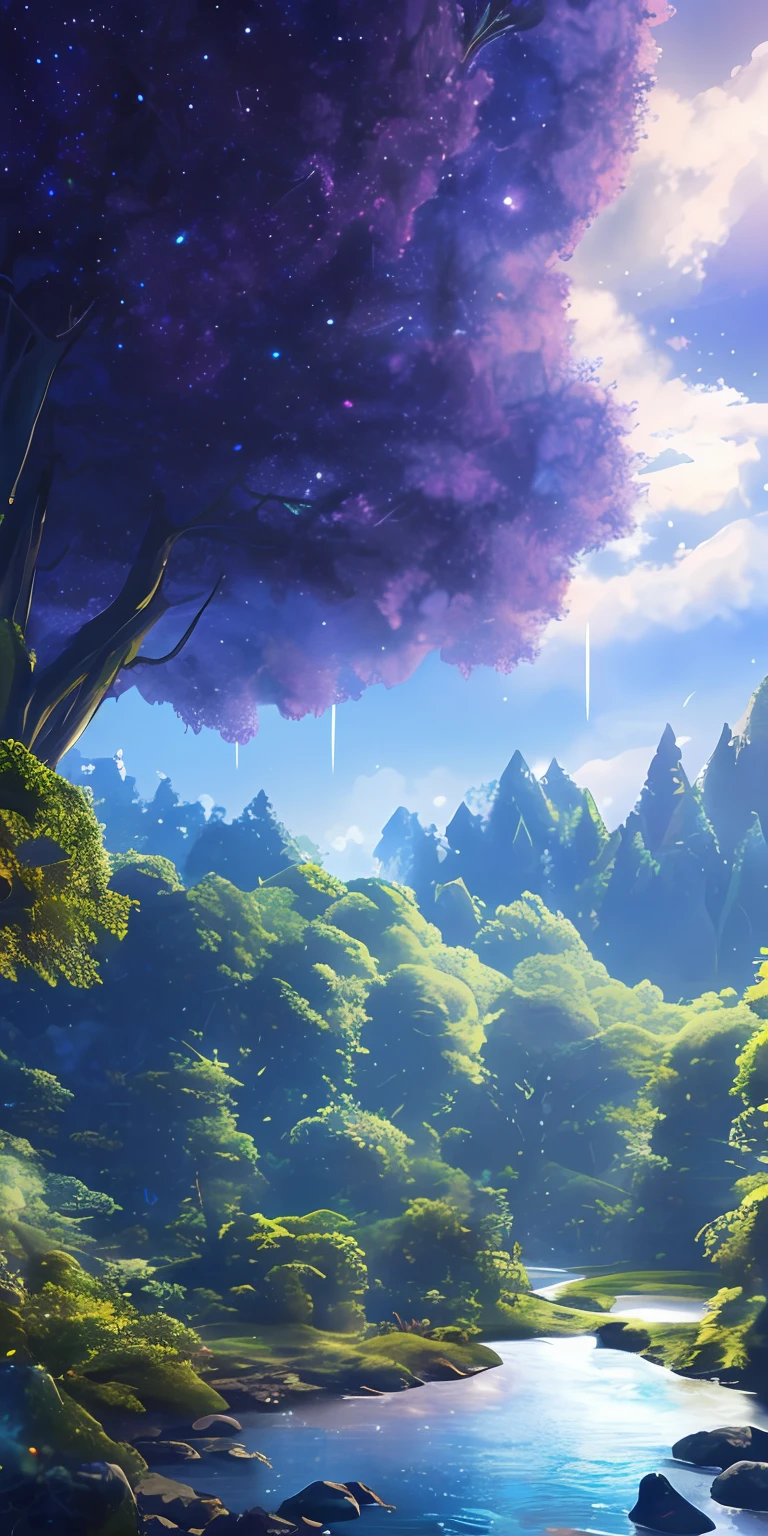 Uma nave espacial descendo em uma floresta durante a noite, sky with millions of stars, luzes brilhantes, Obra-prima, melhor qualidade, (papel de parede 8k de unidade CG muito detalhado) (melhor qualidade), (best illustration), (melhores sombras)