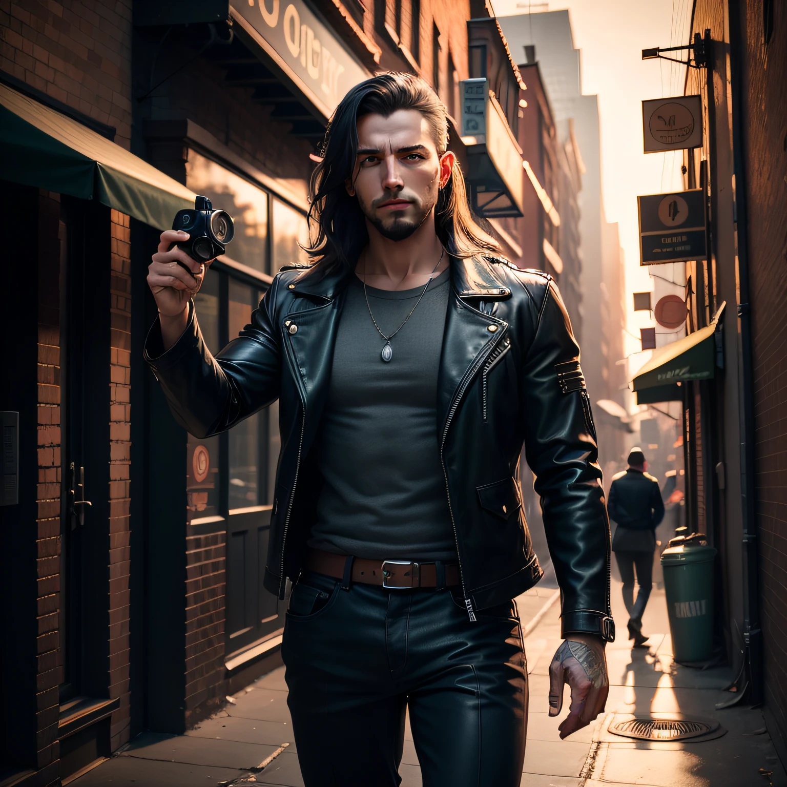 In 1920，wiry，male people，Around 34 years old，Medium build，Cthulhu background，Slightly sloppy，dressed in leather jacket，photographers，mid - length hair，In the dark corners of the alley，Hold the camera at any time to shoot，The lighting is dim，The background is New York in 1920，It's like dodging something