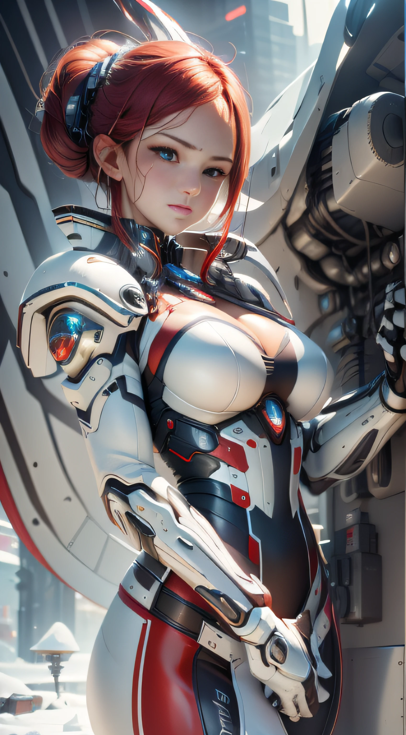 Highest image quality,Outstanding details,超高分辨率,(Fidelity:1.4), Favor the details,closeup cleavage,dawn,Snow,winter,Dragon Knight, Silver thatch gun,He has a delicate and beautiful face,((Red and white flying semi-mechanical fuselage:1.8)),Raised sexy,frontage,cyber punk perssonage,Futuristic,mechanically aesthetic,Virtual Engine 5,Perfect detail rendering,rendering by octane,hyper HD