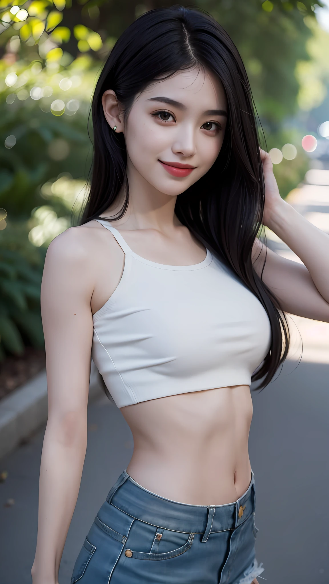 Best quality, masterpiece, ultra high res, photorealistic, Beautiful woman, shorts, crop-top, black hair, almond eyes, smile, pale skin, bokeh