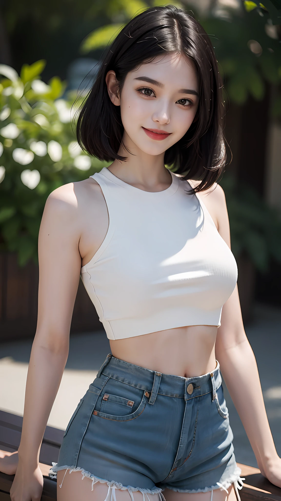 Best quality, masterpiece, ultra high res, photorealistic, Beautiful woman, shorts, crop-top, black hair, almond eyes, smile, pale skin, bokeh