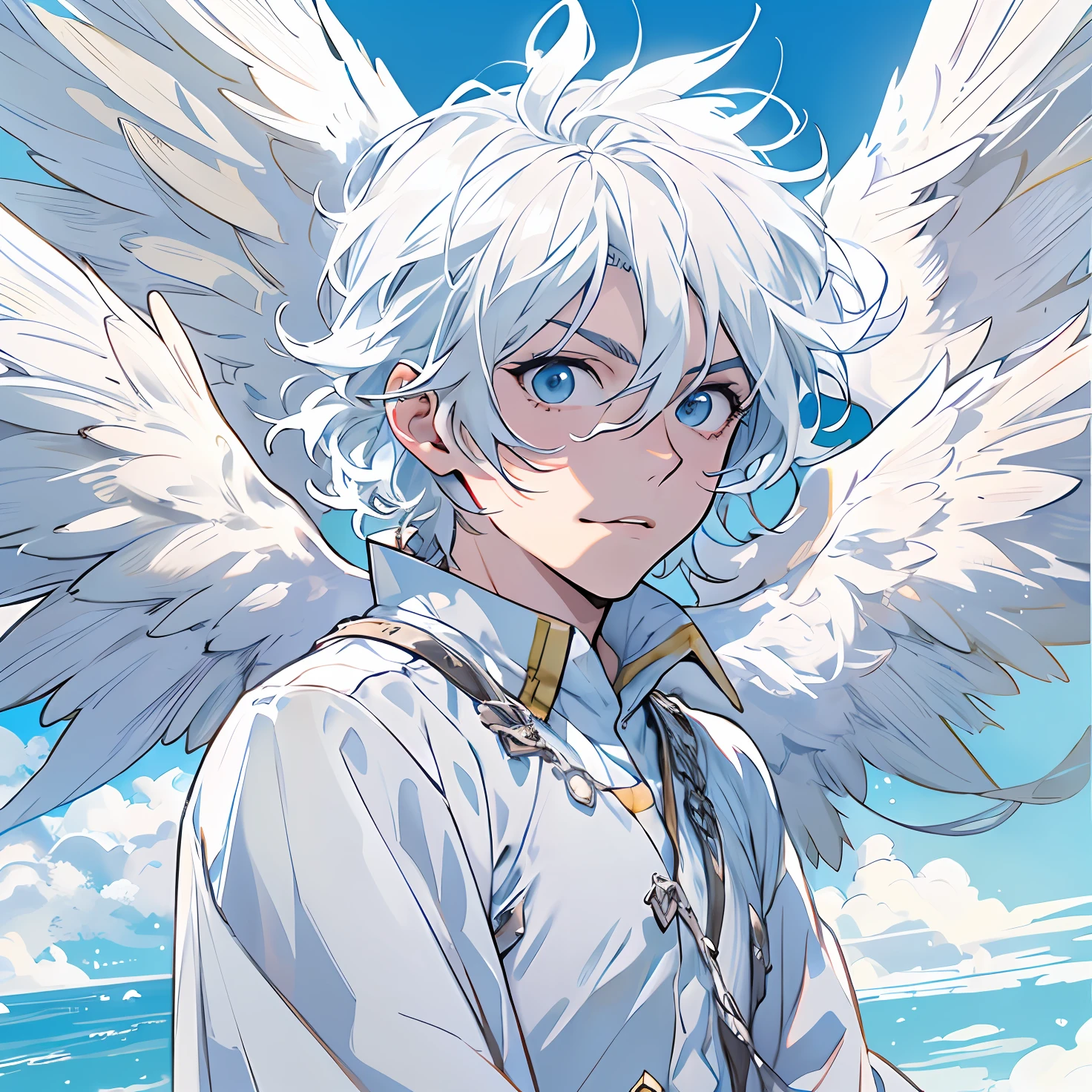 A white-haired angel with white wings flying in a blue sky, pombas brancas voando ao redor, sentado em um pilar branco, com um olhar inocente. Personagem masculino de anime.