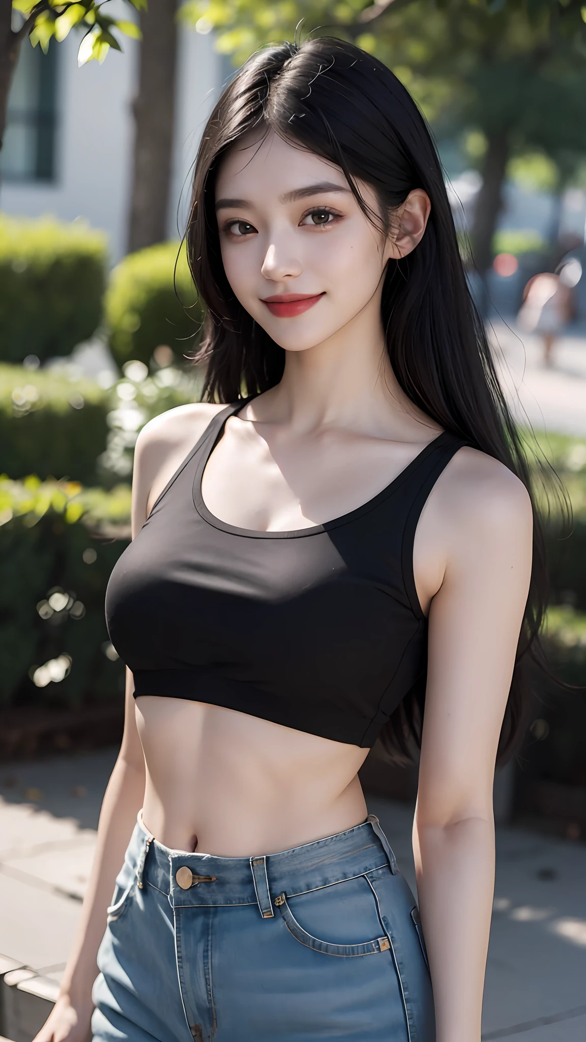 Best quality, masterpiece, ultra high res, photorealistic, Beautiful woman, shorts, crop-top, black hair, almond eyes, smile, pale skin, bokeh