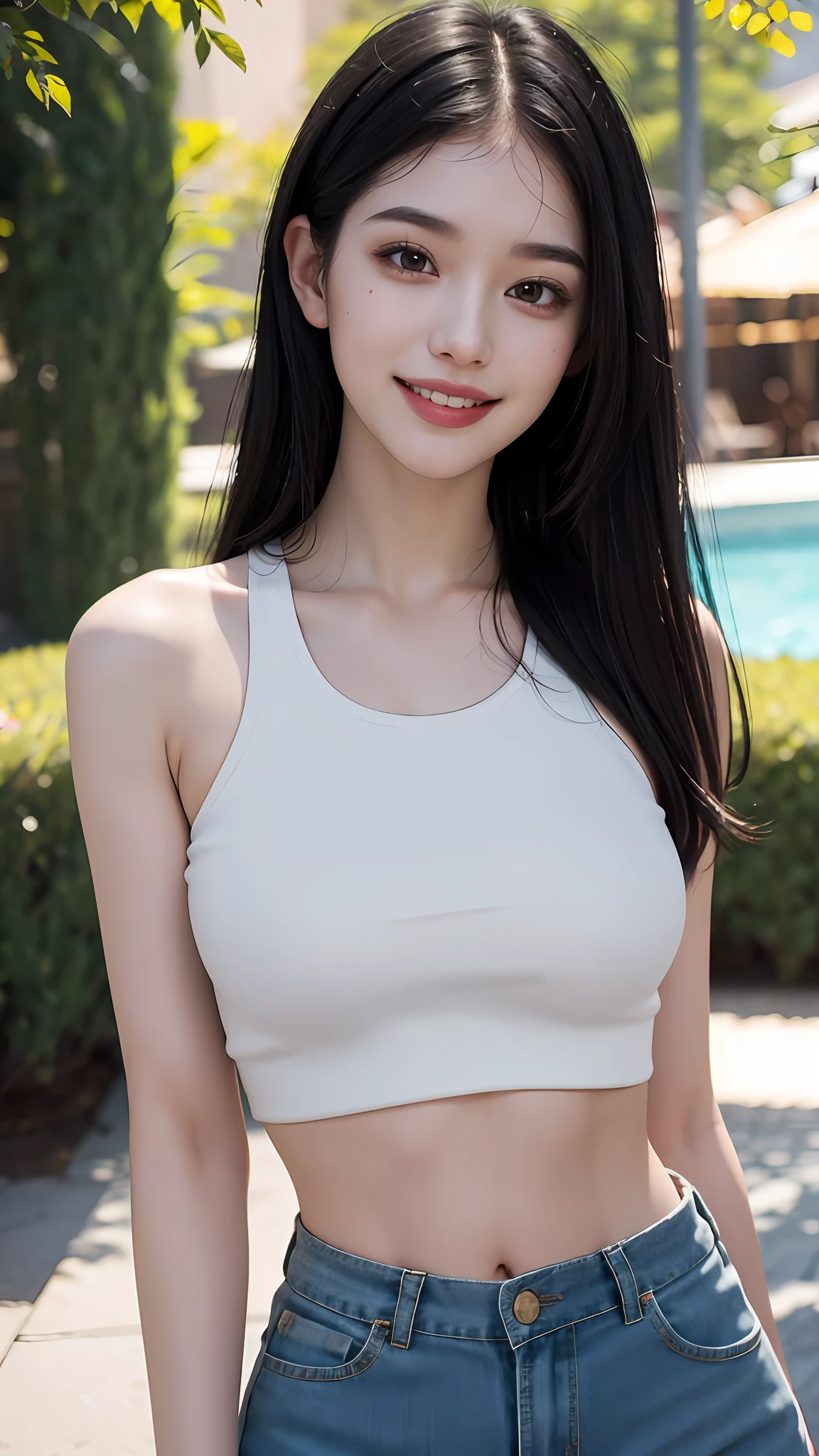 Best quality, masterpiece, ultra high res, photorealistic, Beautiful woman, shorts, crop-top, black hair, almond eyes, smile, pale skin, bokeh