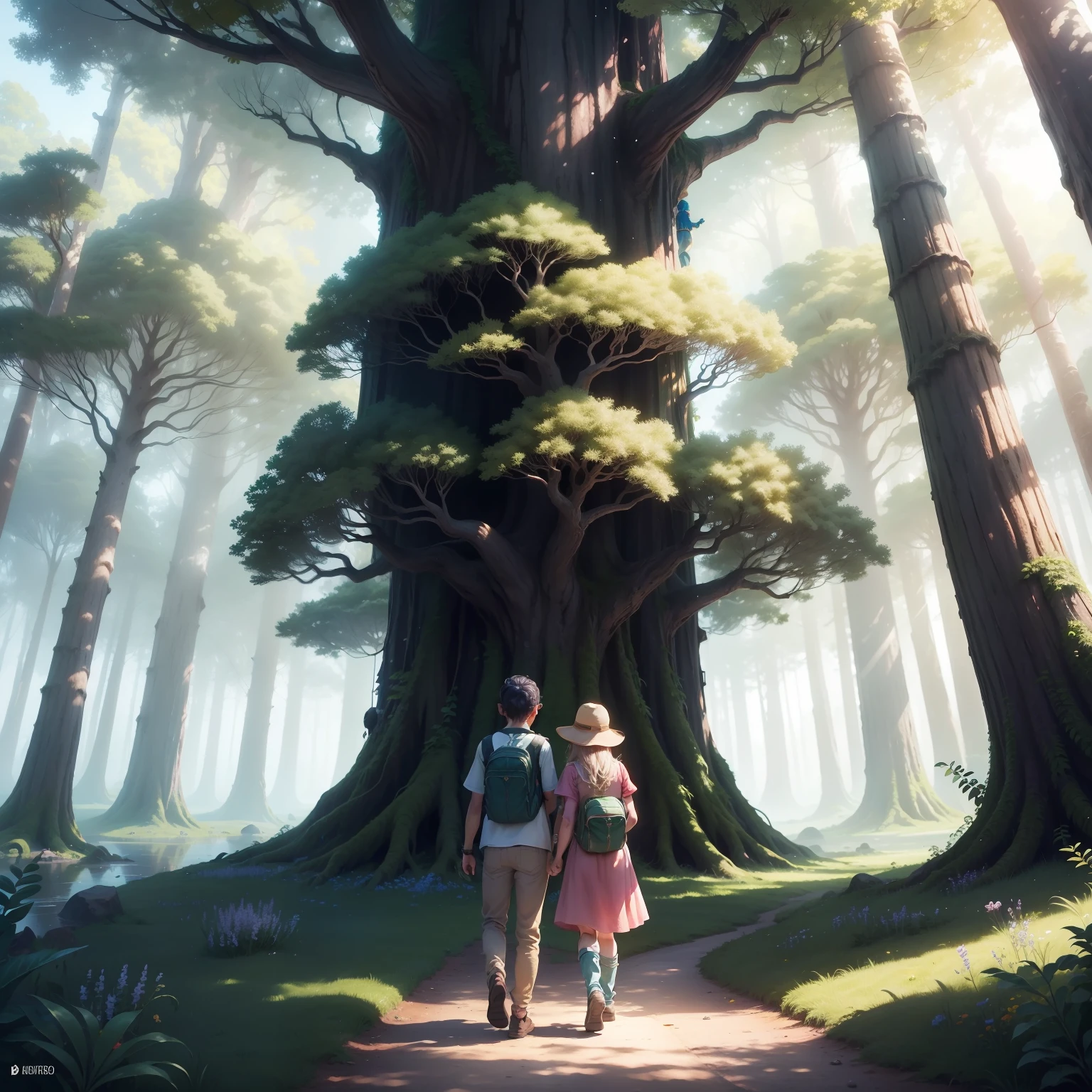 Image of two brothers: Tuco, um aventureiro de 10 anos, and his lovely little sister Lis, de 7 anos.
They are on an adventure in the enchanted forest, searching for the legendary Tree of Dreams. Tuco is an observer, criativo e curioso, while Lis is friendly, fun and full of imagination.
Tuco, holding a map in your hands, is ready to lead the journey with his youthful determination. Ao lado dele, Lis usa um vestido rosa e uma mochilinha.
The magical trail led them through stunning scenery, with gigantic trees that seemed to reach the sky and crystalline streams whose waters sang a mysterious melody.
The soft sunlight streamed through the treetops, creating an enchanted setting for Tuco and Lis' adventure. Borboletas coloridas voando entre eles
Finalmente, when they reach the heart of the forest, They spotted a magnificent and imposing tree: the Tree of Dreams. Envoltos por uma luz brilhante e cintilante, The tree emanated magic and mystery.
A imagem captura o instante exato em que Tuco e Lis encontram e tocam a imensa Arvore dos Sonhos, muito alegres e empolgados.