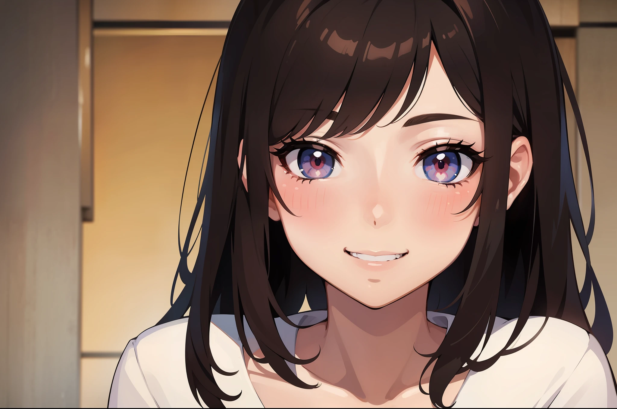blushing, smiling, brunette, ((masterpiece)), only face, detailed eyes, detailed face, ((full face))