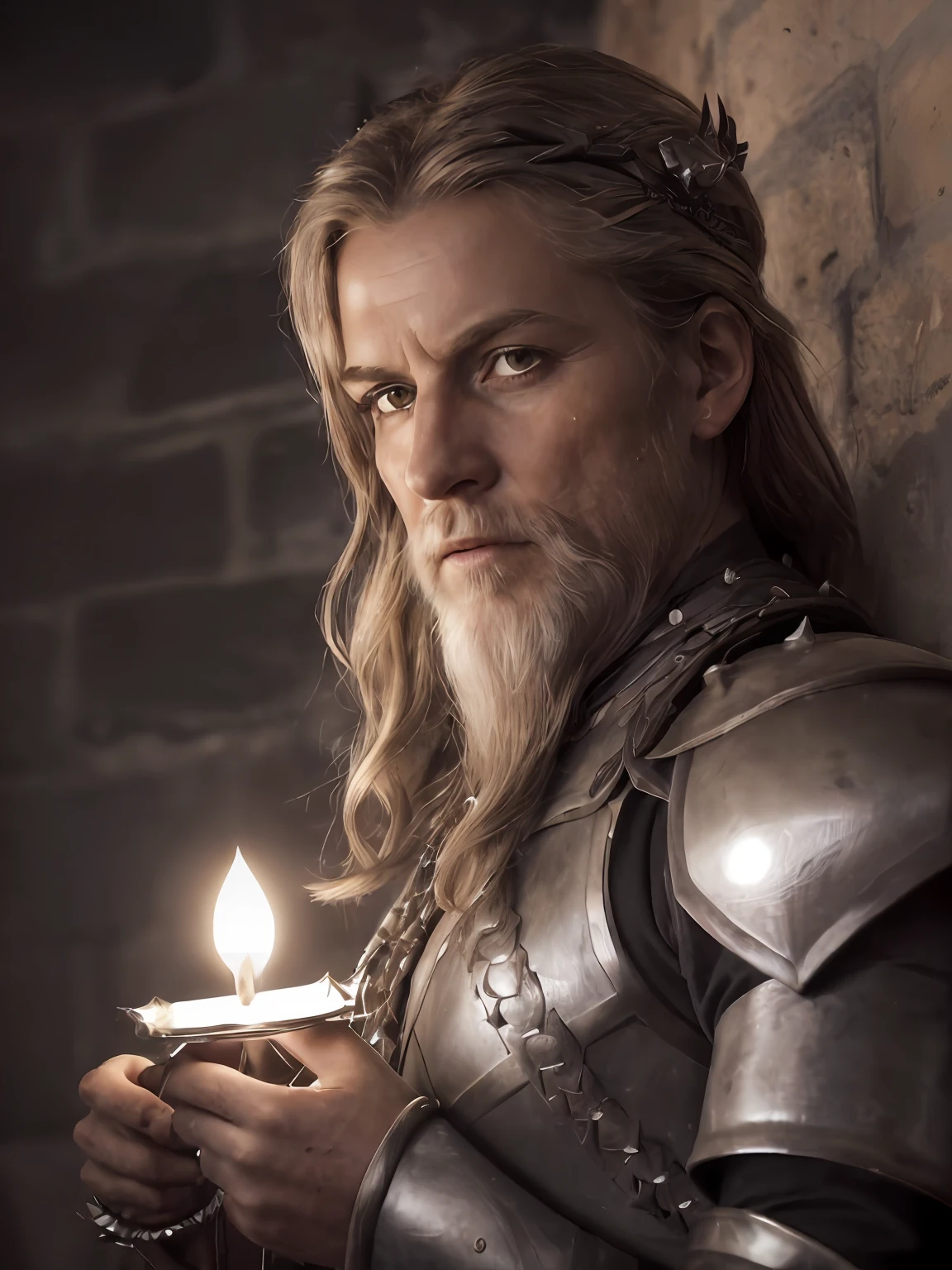 (Highest quality:1.3), cinematic shot, masterpiece, (sharp focus:1.5), (photorealistic:1.3),  medium portrait of (a weary-looking but still proud and fierce-looking old Viking warrior, now the leader of his village, dressed in elaborately detailed chain mail and leather armour, a few torches burn on the walls, giving the scene a dark atmosphere but sculpting the forms in sharp chiaroscuro), it is night time, (highly detailed skin),  (detailed face), detailed background, dark lighting, twilight lighting, volumetric lighting,  intricate details, UHD,