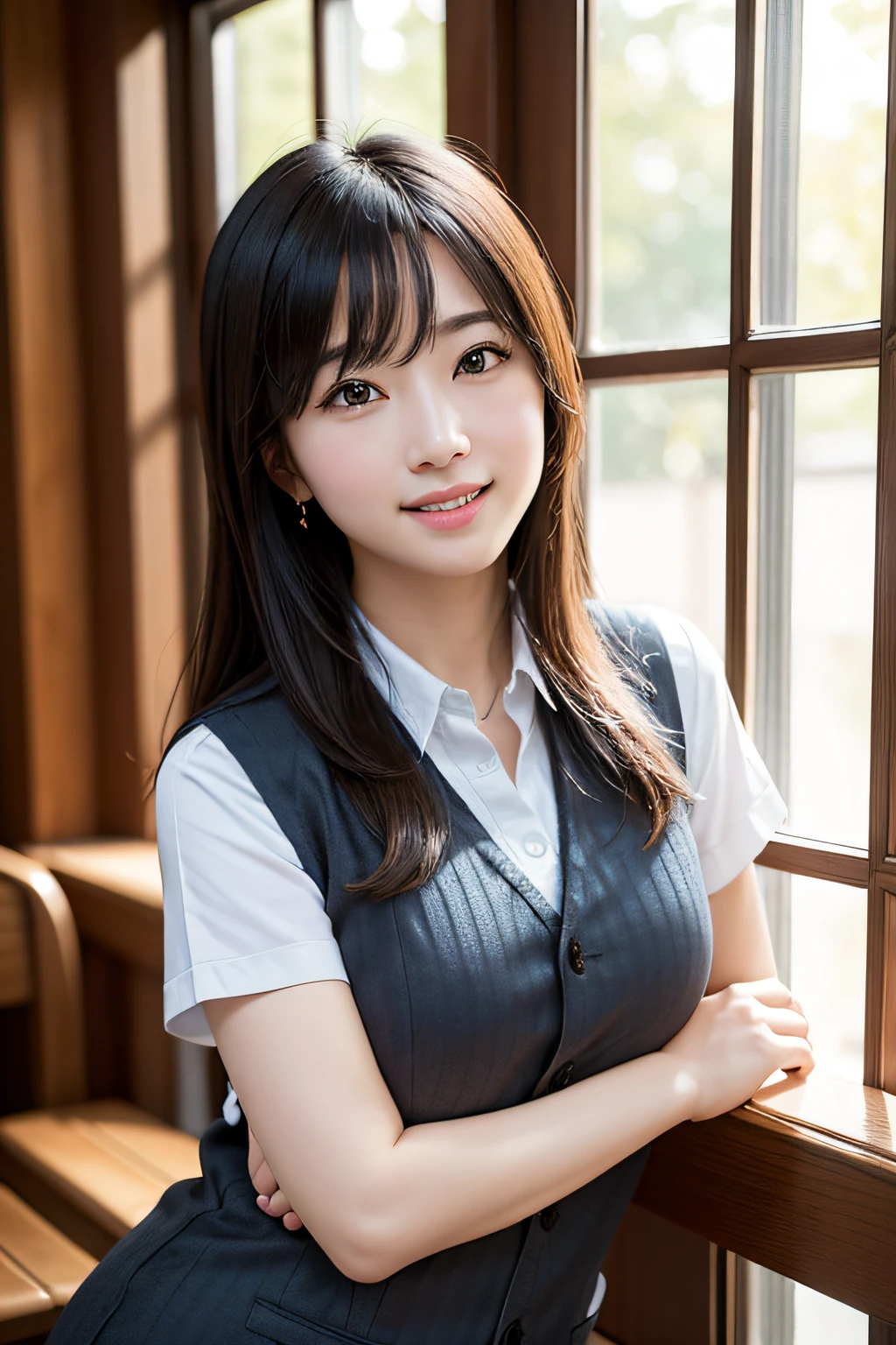 top-quality、masterpiece、超A high resolution、(Photorealsitic:1.4)、A highly detailed、Professional lighting smile、1人、a matural female、vests、a picture、realisticlying、top-quality、adopt、A detailed face、schools、Building from the window、细致背景、Diffused sunlight、depth of fields、Bokeh