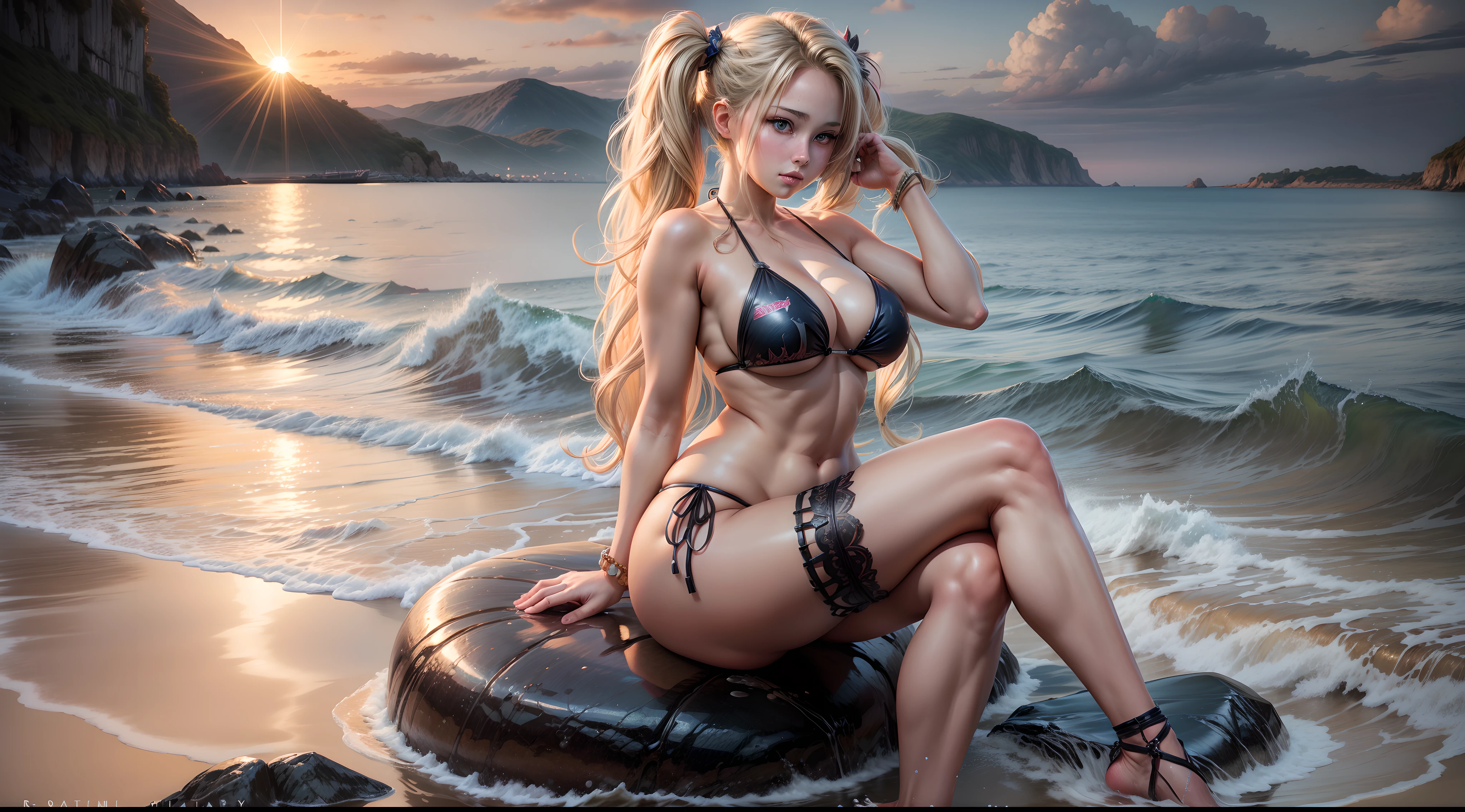 1 girl, beautiful, curvy body, detailed face, long blonde hair, side twintails, ((realistic:1.2)), bikini, sitting on the rock, sea, waves, sunset, intricate, ray tracing