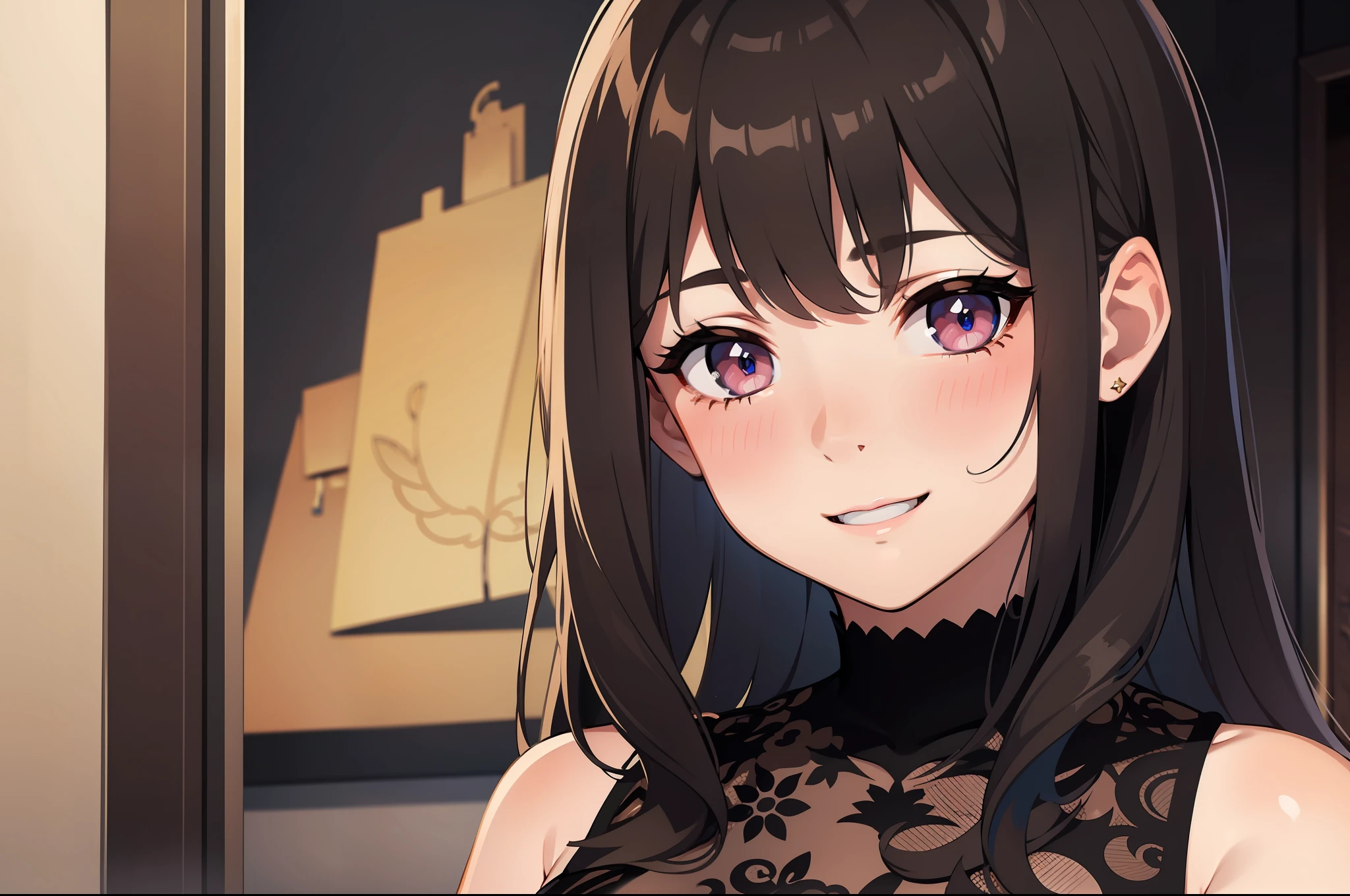 blushing, smiling, brunette, ((masterpiece)), detailed eyes, detailed face, ((full face))