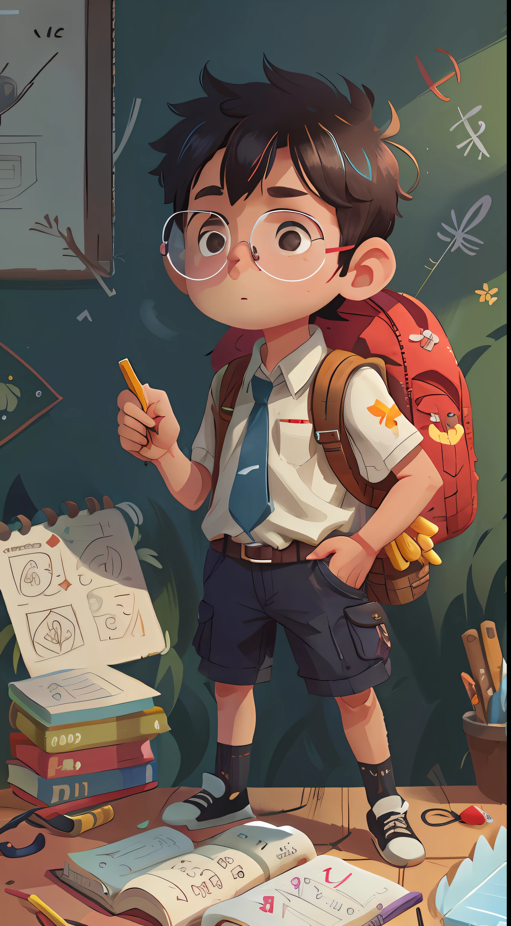 （（best qualtiy））， （（tmasterpiece））， （A detailed： 1.4）， 3D， Create a 6-year-old boy，Notebook writing， Children's book illustration style， ، simple， adolable， black in color， short detailed hair， Smooth skin，With black-framed glasses， white short sleeve shirt， Shorts without a belt， No hats， without book， No glasses， without a backpack， hdr（HighDynamicRange）， Ray traching，NVIDIA RTX，Hyper-Resolution，Unreal 5，Subsurface dispersion，PBR textures，Post-processing，Anisotropy Filtering，depth of fields，Maximum clarity and sharpness，Many-Layer Textures，Albedo e mapas Speculares，Surface coloring，Accurate simulation of photo-material interactions，perfectly proportions，rendering by octane，twotonelighting，Wide aperture，Low ISO，White balance，trichotomy，8K raw data