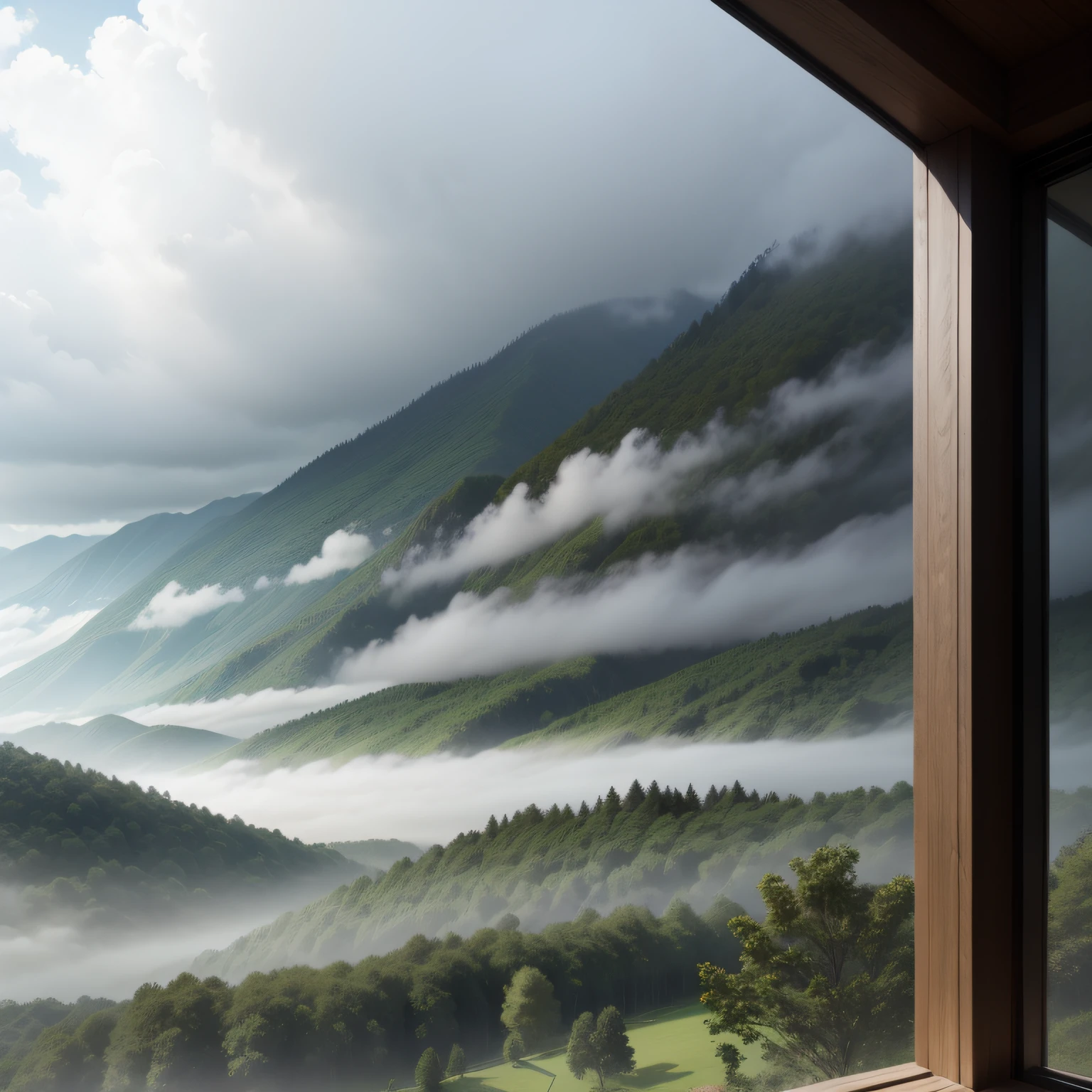 Sycamore tree foreground,Forest view,Paulownia Forest,In the distance are mountains,surrounded by cloud,Foggy rain,great outdoors,in a serene landscape,Optimize ingredients,highly-detailing,The woods are lush,Mountains