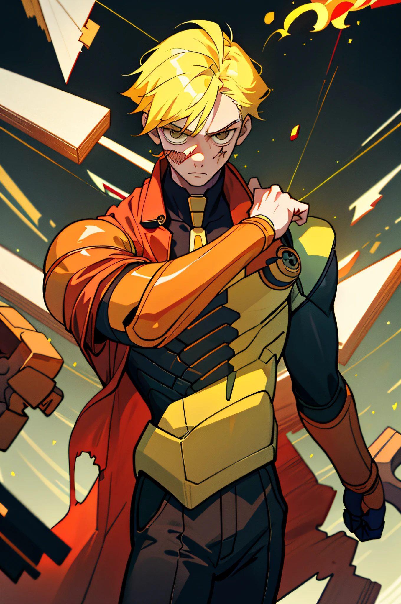 (Best quality, Masterpiece), 1boy, Upper body, Particle, Pose, injury, Blood, suit,Yellow hair