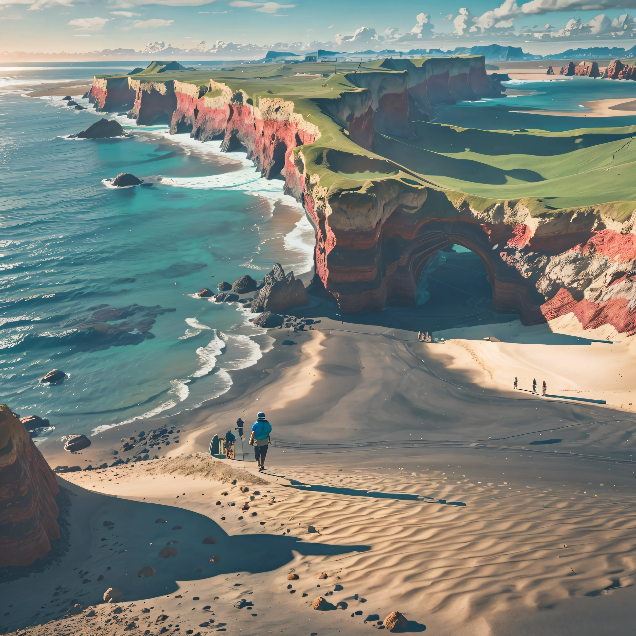 Daytime，The viewing angle is near and big, far small，A person walking next to the coastline，As he went further and further，The coastline is becoming clearer，The sea is beautiful，The beach is golden，Ultra-fine 8K，Realistic style，ultra-realistic realism，High detail，hyper HD，Masterpiece，super detailing，High quality，Best quality，A high resolution。