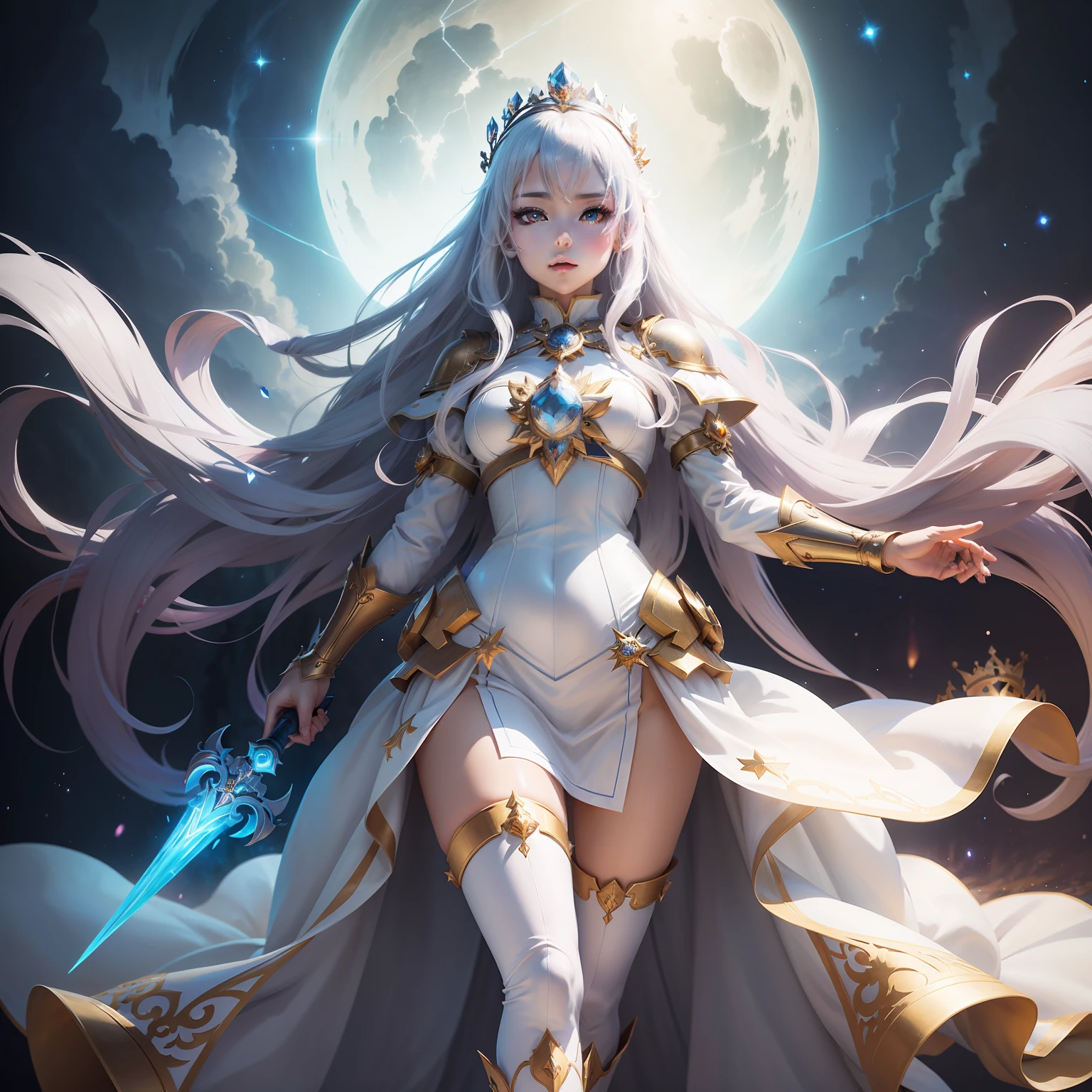 Anime girl standing on platform,The girl wears a crown on her head,Raise the scepter in one hand,white dresses, Anime goddess,Beautiful celestial mage, ethereal anime, beautiful fantasy anime, high detailed official artwork, Anime fantasy illustration, queen of ice and storm, ((a beautiful fantasy empress)), trending on artstation pixiv, Digital art on Pixiv