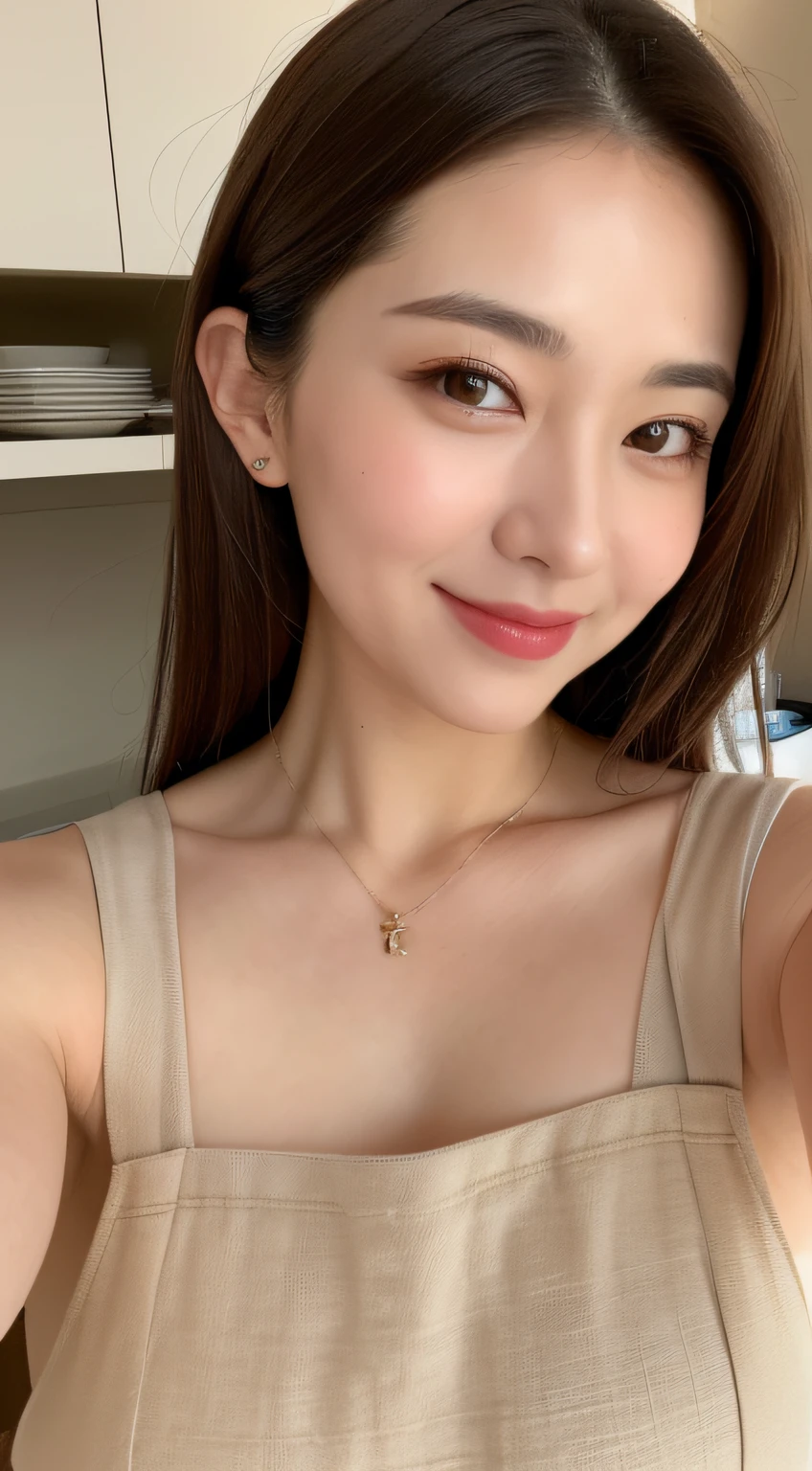 (Best quality, 8k, masterpiece: 1.3), a beautiful woman with perfect figure: 1.4, dark brown hair, wearing a pendant, wearing an apron, in the kitchen, highly detailed face and skin, detailed eyes, double eyelids, big breasts, smile