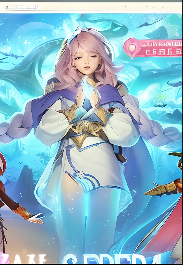 she have a pink hair and fantasy on his theme, she like a god pose and magic blue