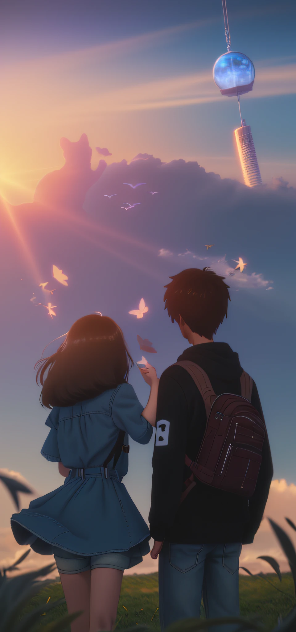 (beautiful and magnificent skyline, Couple love, Majestic sky), (the extremely tense and dramatic pictures, moving visuals), (high hanging Polaris, Colorful natural light), (1girll), (A long-sleeved top, Denim shorts, Carrying a backpack), (Dynamic pose:1.3, Black eyes, black hime-cut hair, Sparkling girl)[:0.8], (large grassland), (Oncoming breeze), (Brown hair and background coordination: 1.2), (Close-up Shot Shot, Long shot mix and match)[::0.9]