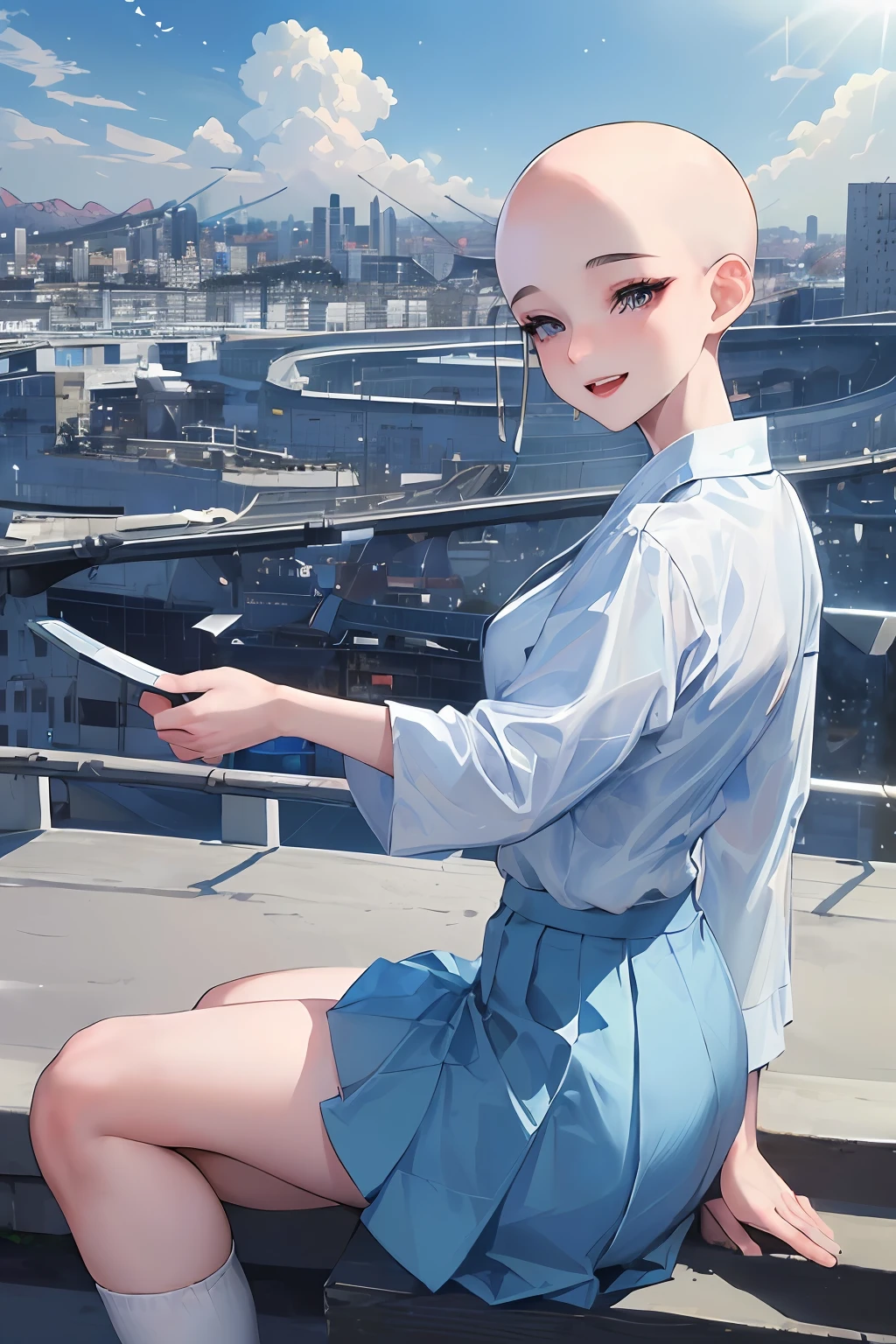 Woman Buzz Cut（（（Bald）））、Official art, ​masterpiece, Sharp Focus, (Beautiful gorgeous cute korean woman:1.3), (Beautiful cute korean woman:1.3), Korean  beauty, realisitic, ultra-detailliert, a beauty girl, blue-sky, Glow white particles, (side lights:1.2), rays of sunshine, white clouds, Fine clouds, A slender, Pretty breasts and big buttocks, Show your teeth and smile, ((Smile with your eyes, open both eyes)), Scenic, sexy facial expression、buliding、(A city scape:1.7)、glowingblueeyes、(Blue pleated shirt + White skirt)、White long socks、de pele branca、hair adornments、Epic Landscapes、